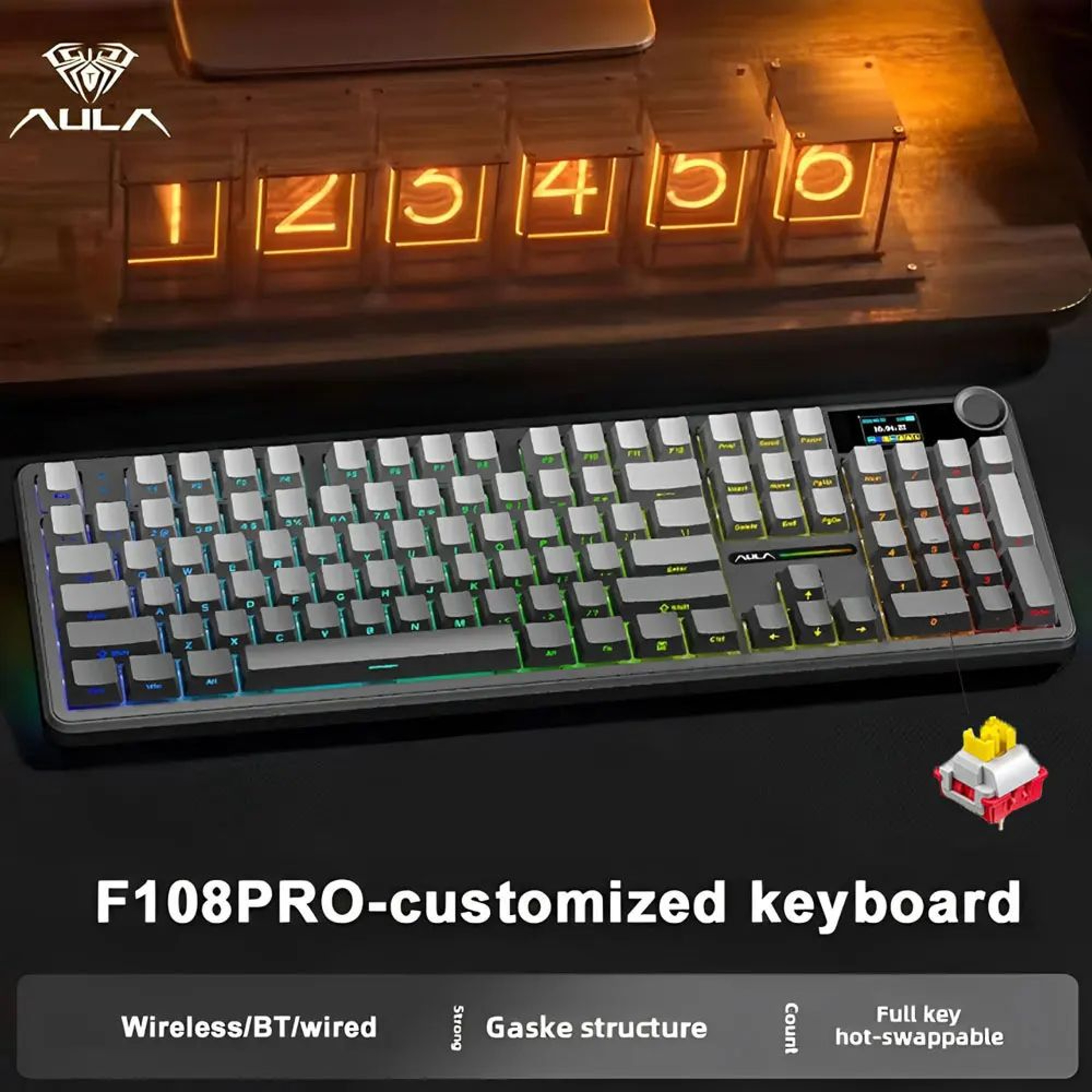 AULA F108 Pro TriMode Wireless Mechanical Keyboard  RGB Gaming Keyboard With TFT Smart Display  Con 6