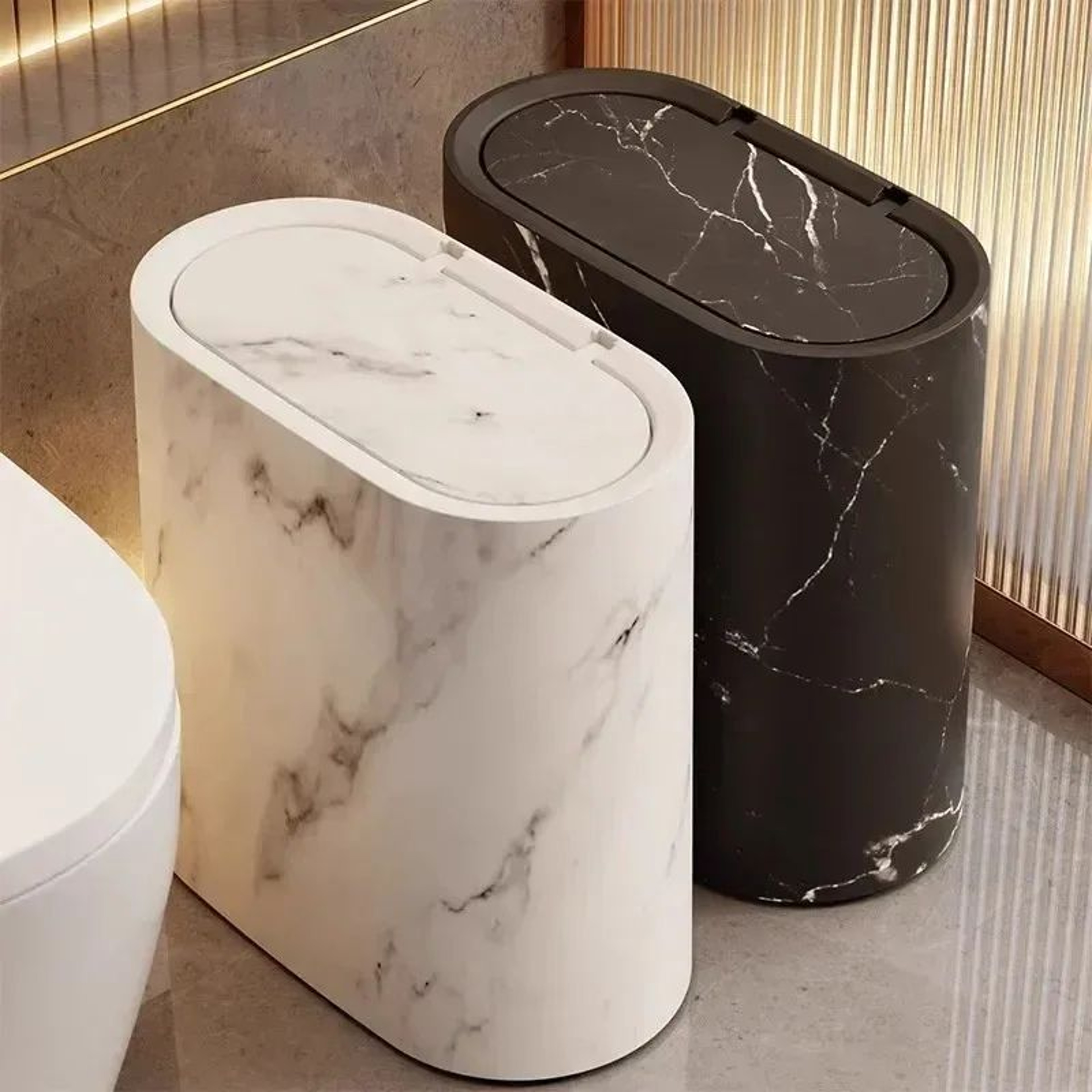 Nordic Marble Slim Bathroom Trash Can With Press Lid  OdorProof Narrow Wastebasket 0