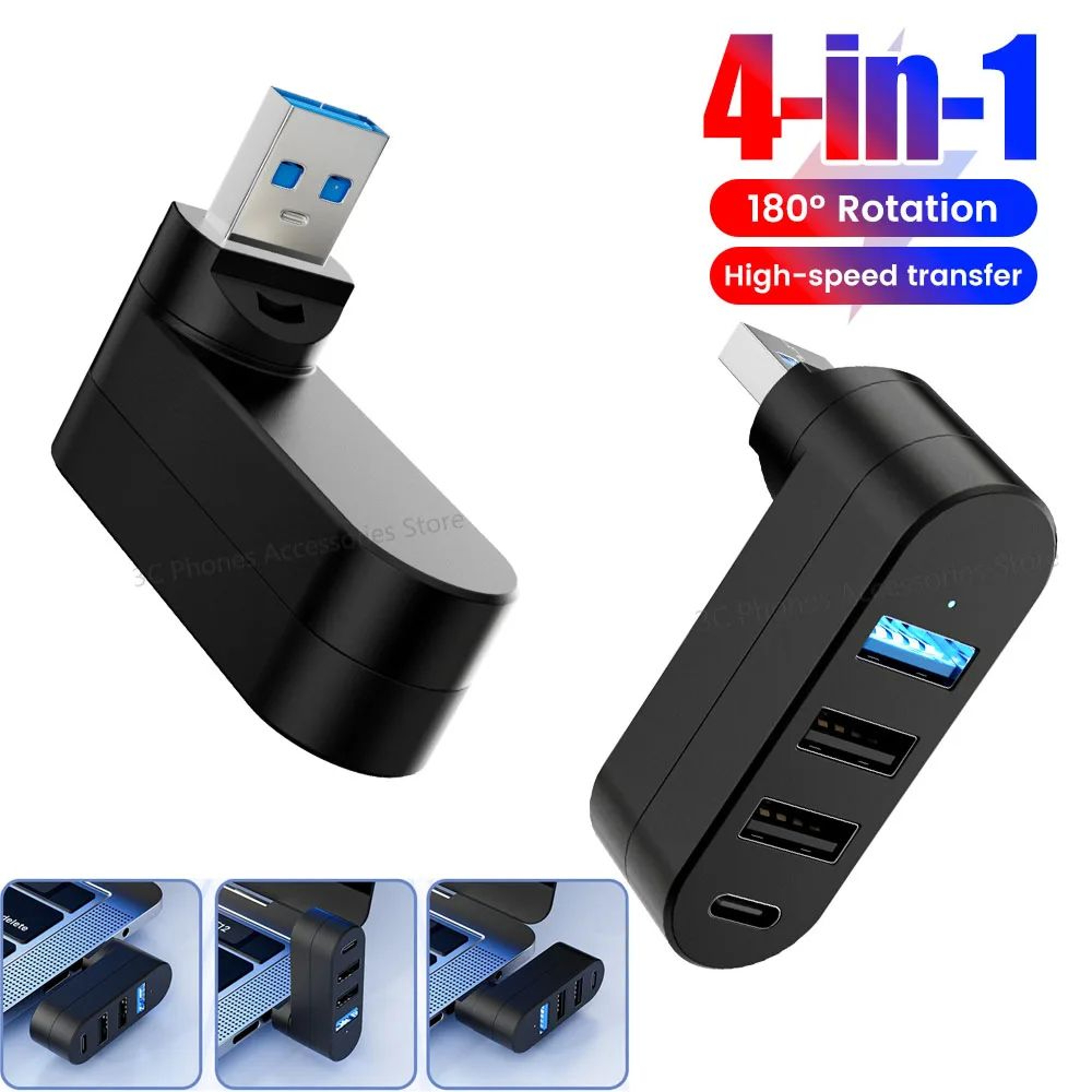 FlexiPort Rotatable USB 30 Hub  4Port TypeC  USB Splitter For Laptop And MacBook 0