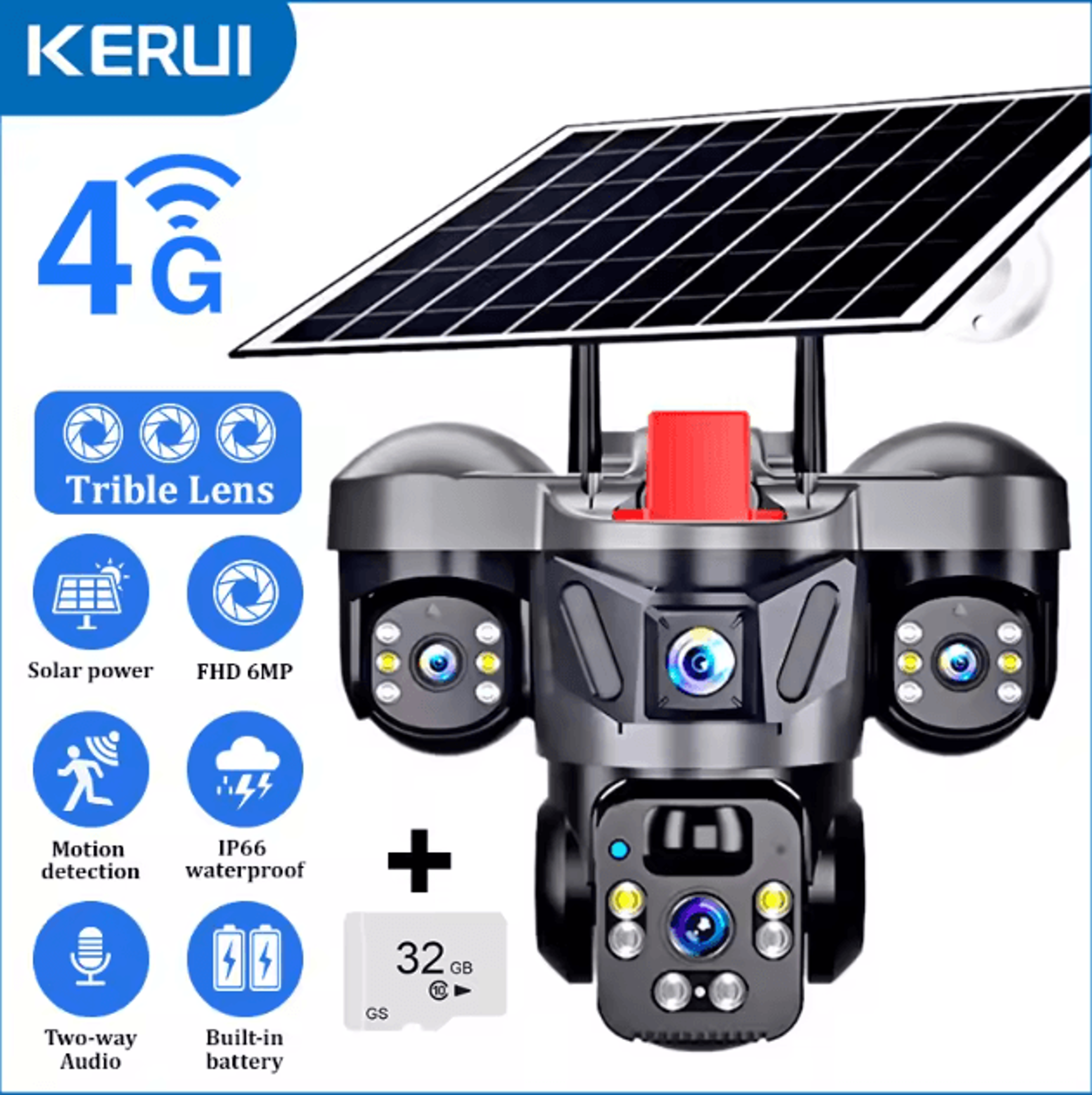 KERUI 6MP Solar 4G TripleLens PTZ Security Camera  Outdoor WiFi CCTV With AI Human Detection 7