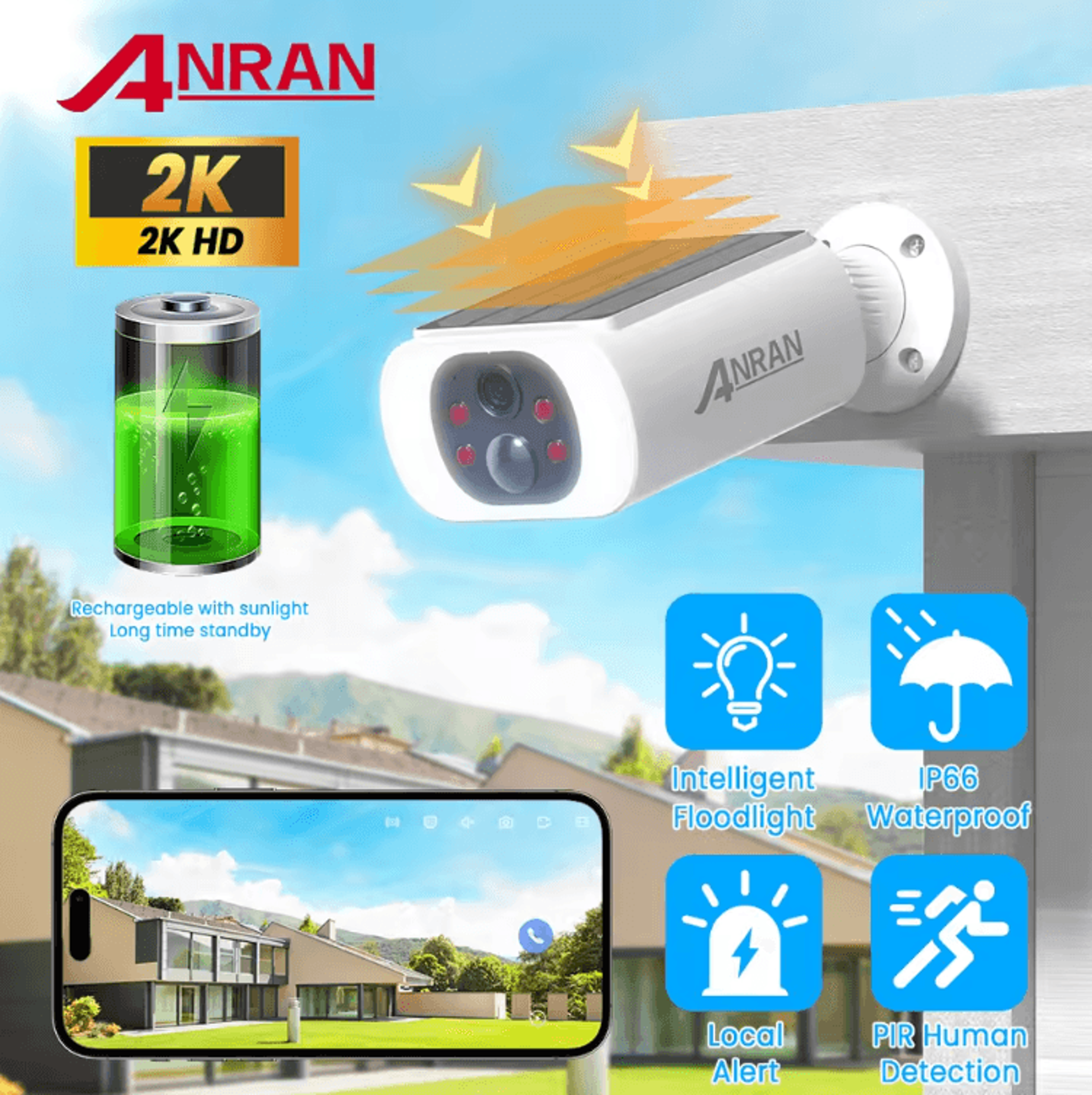 ANRAN 2K Solar Security Camera With Floodlight Color Night Vision  Motion Detection 0