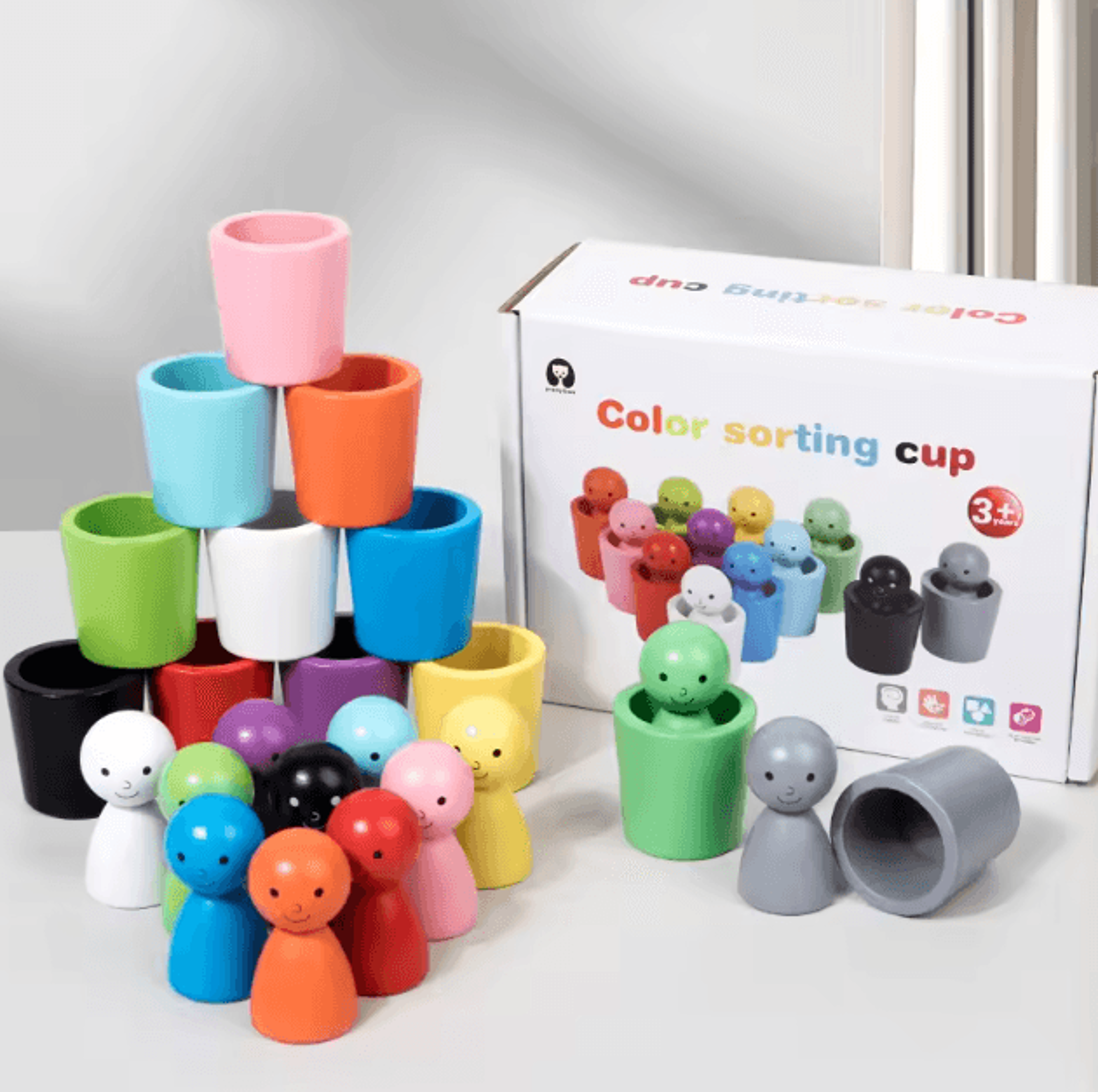 Montessori Wooden Color Sorting Cups Toy  Kids Matching  Cognitive Learning Game 3