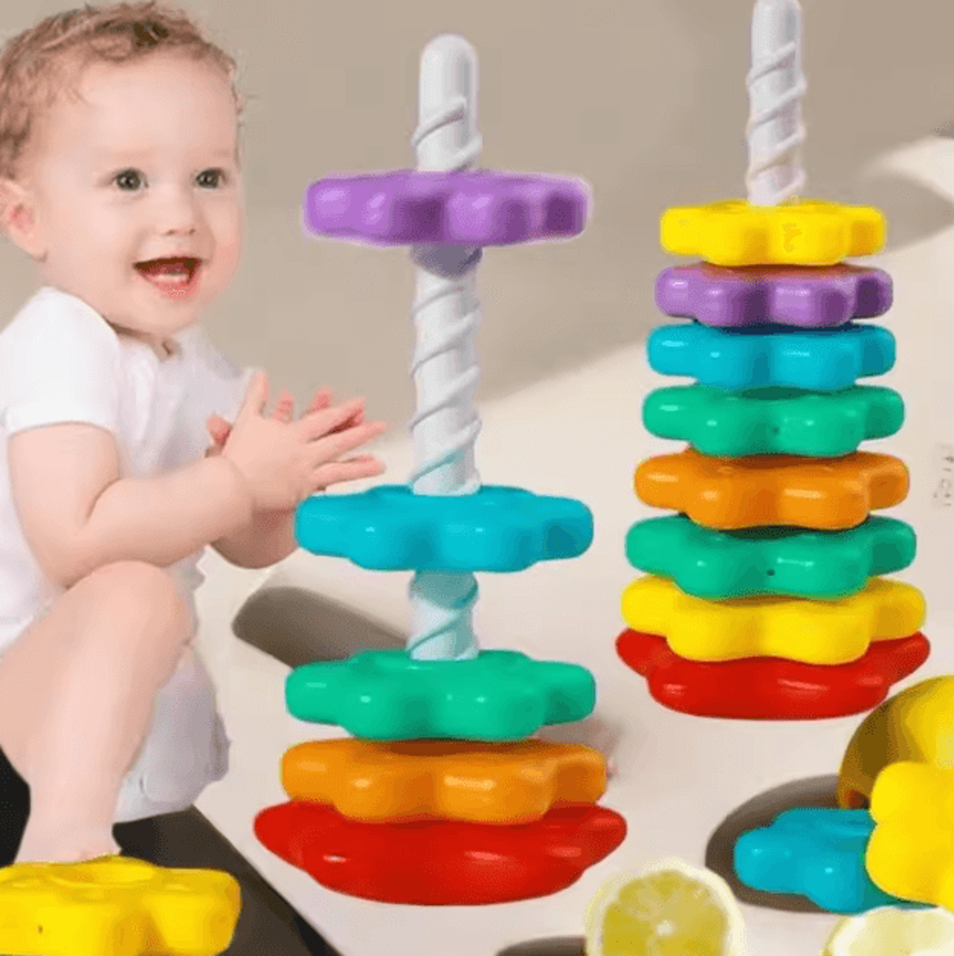 Montessori Spinning Rainbow Stacking Tower  Baby Motor Skill Development Puzzle Toy 0