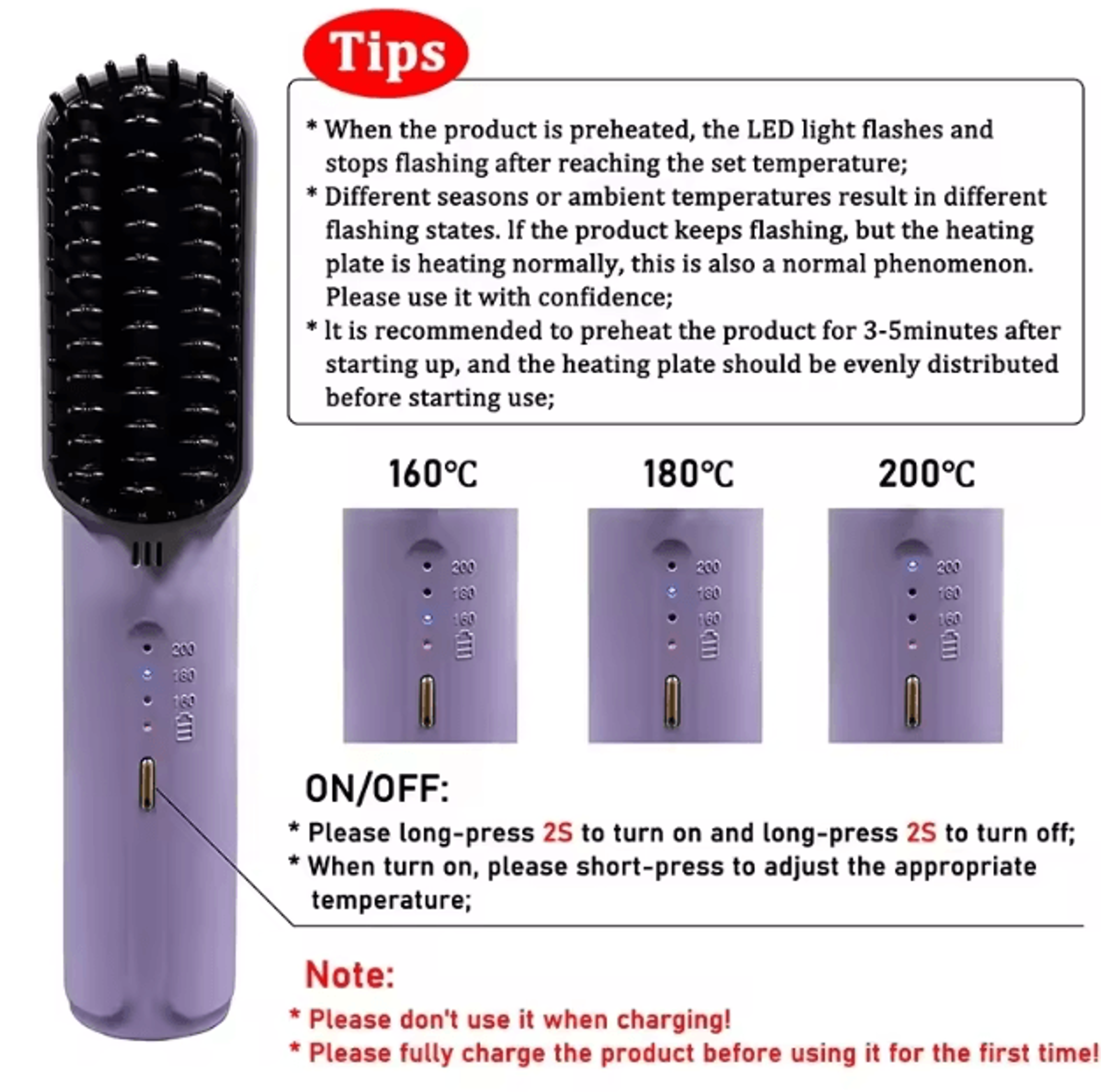 Cordless Negative Ion Hair Straightener Brush  2in1 Portable AntiScald Styling Comb 1
