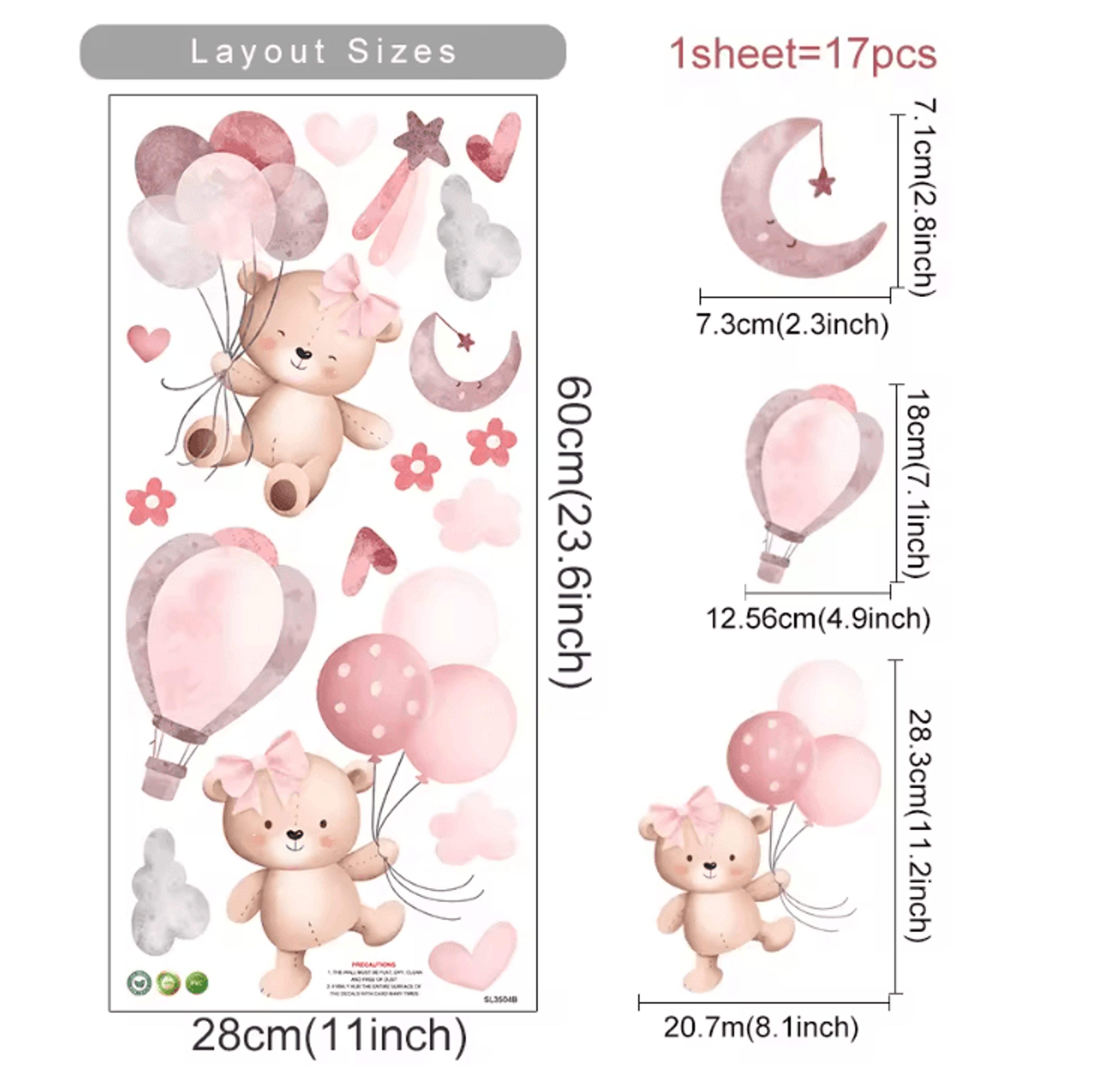 Pink Cartoon Bear Wall Stickers  Cute Nursery Wall Decals For Kids Room  Baby Decor 2