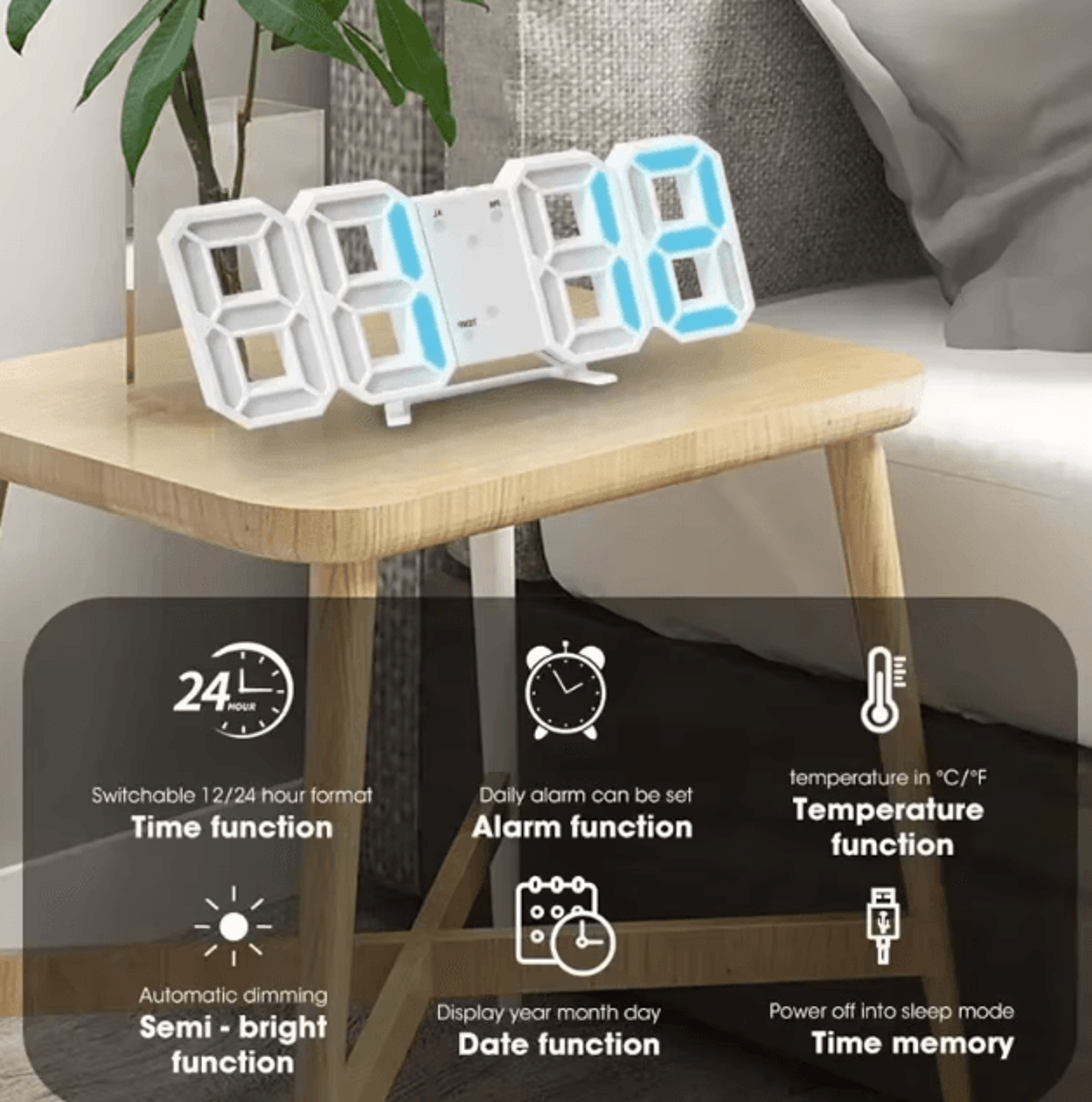 3D LED Digital Wall Clock With Alarm Time Date Temperature Display For Home  Office 0