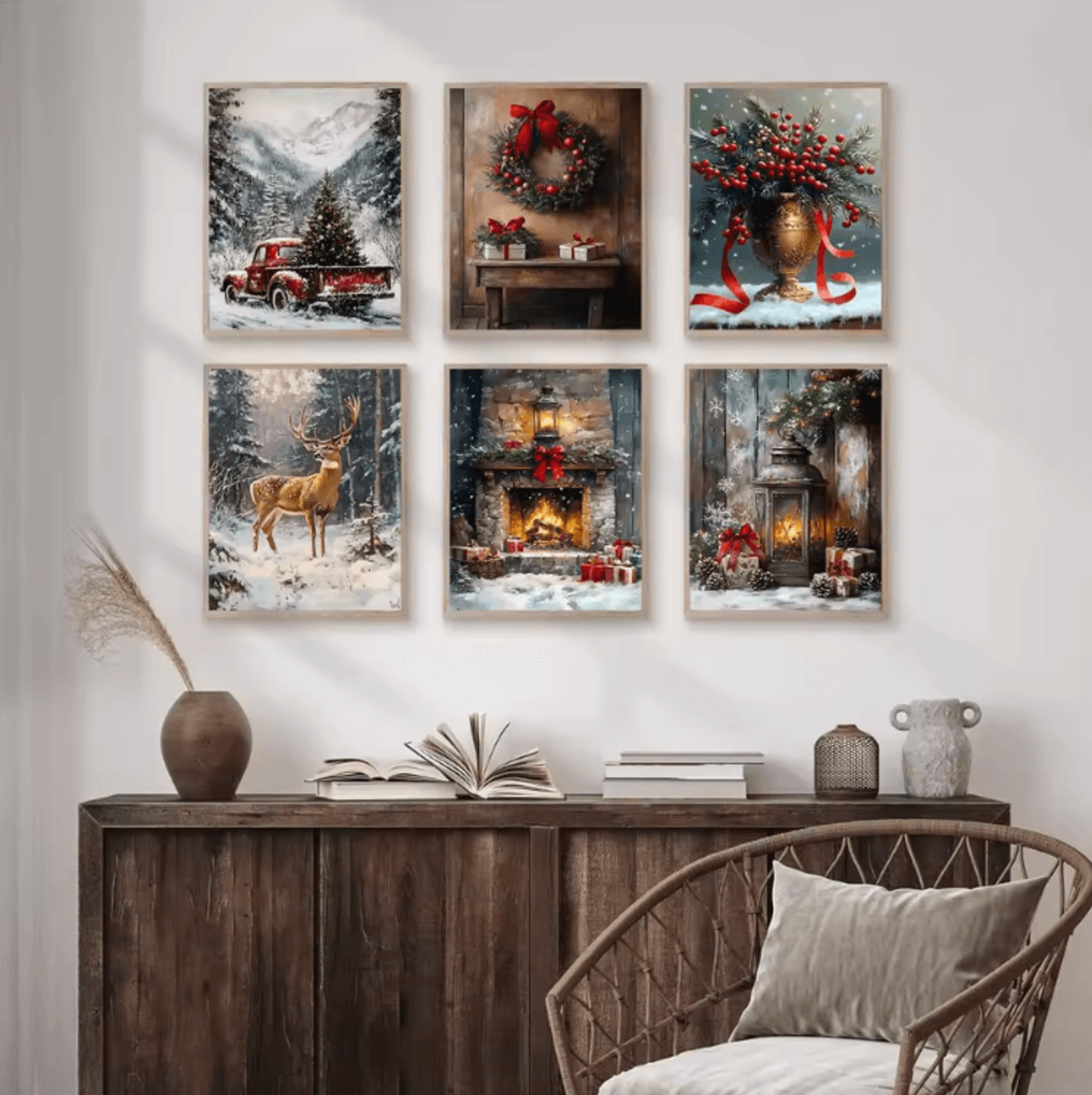 Vintage Red Truck Christmas Canvas Wall Art  Rustic Winter Farmhouse Decor 0