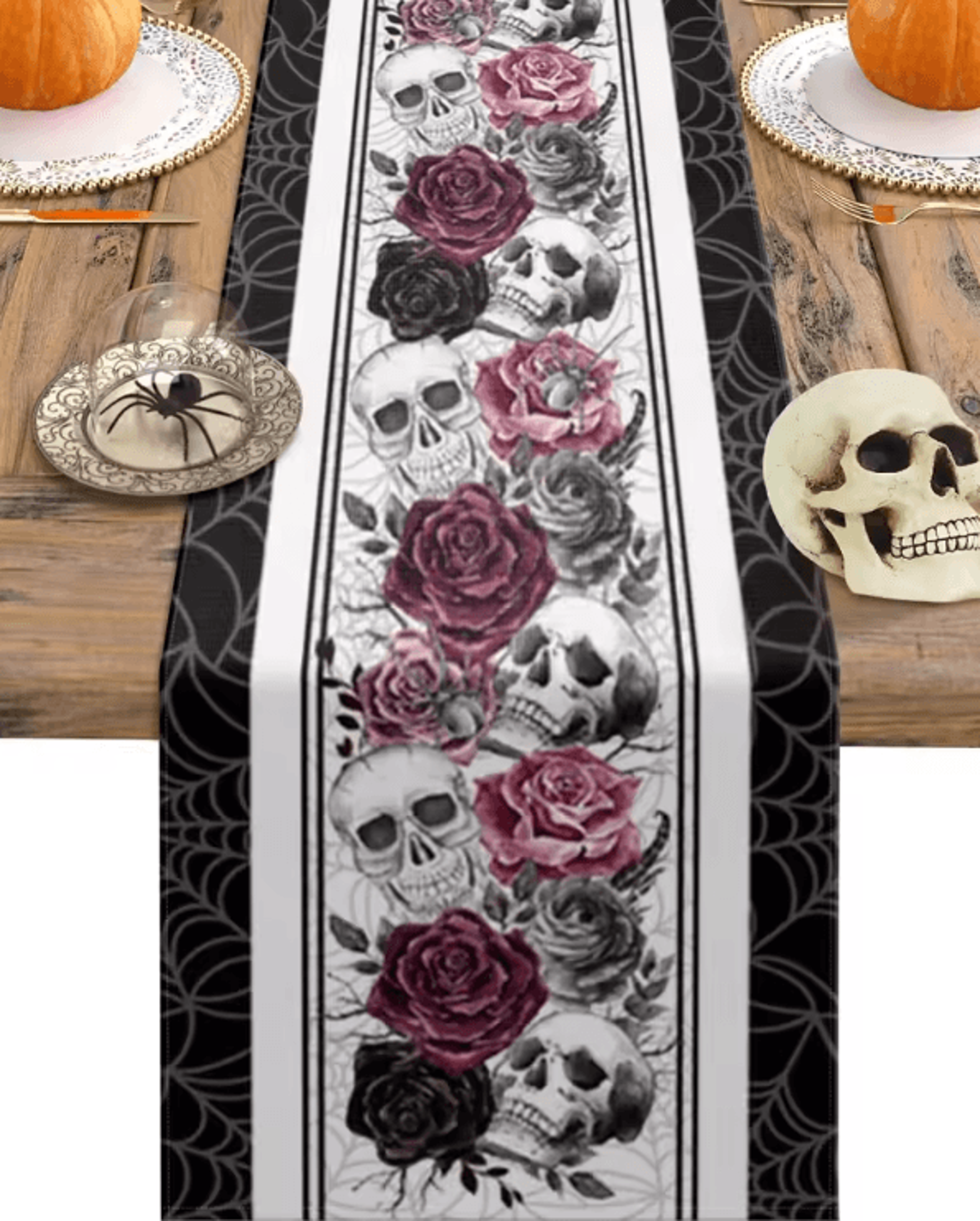Gothic Skull Rose Crow Linen Table Runner  Halloween Party Dining Decor 0