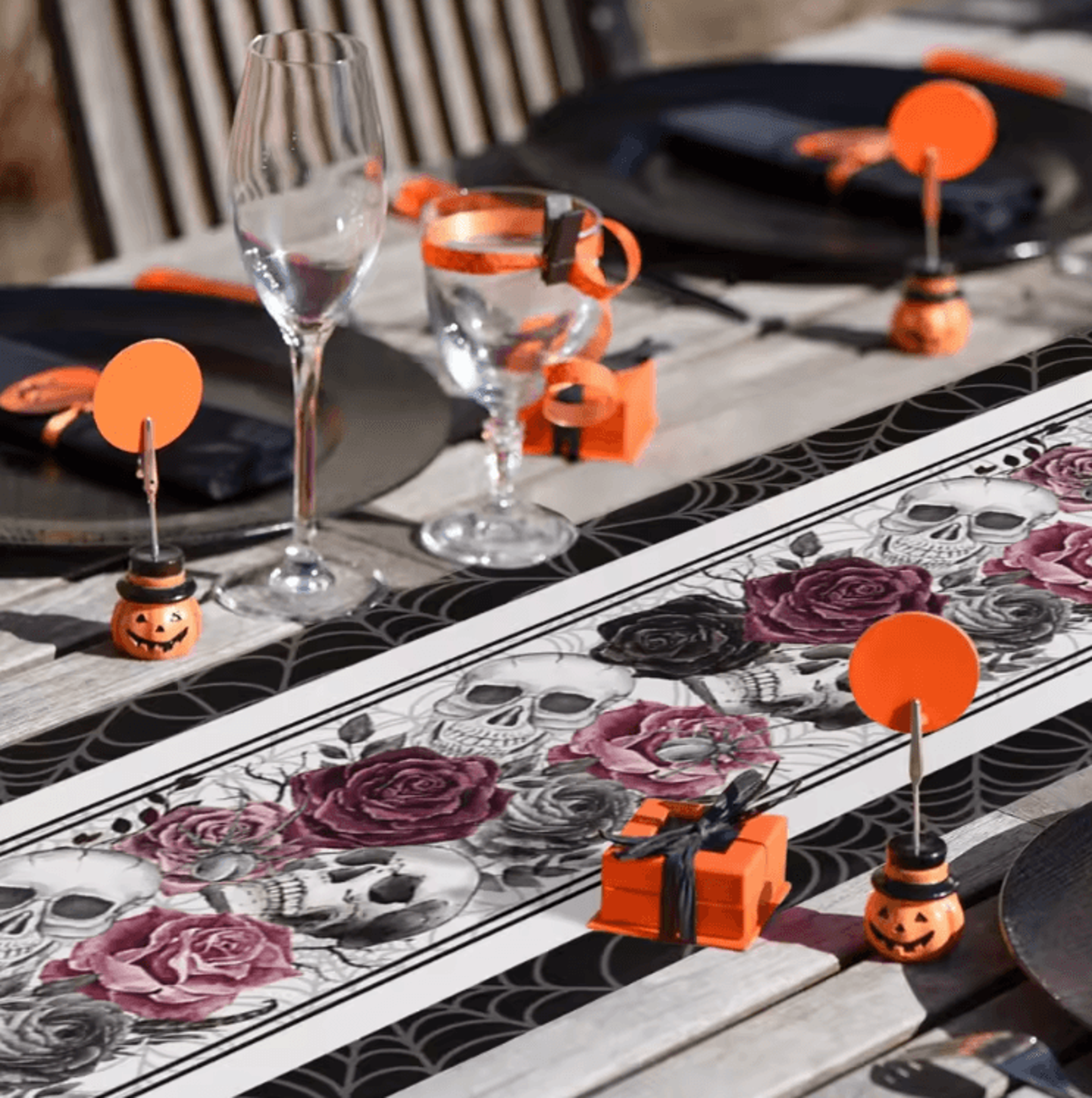 Gothic Skull Rose Crow Linen Table Runner  Halloween Party Dining Decor 1