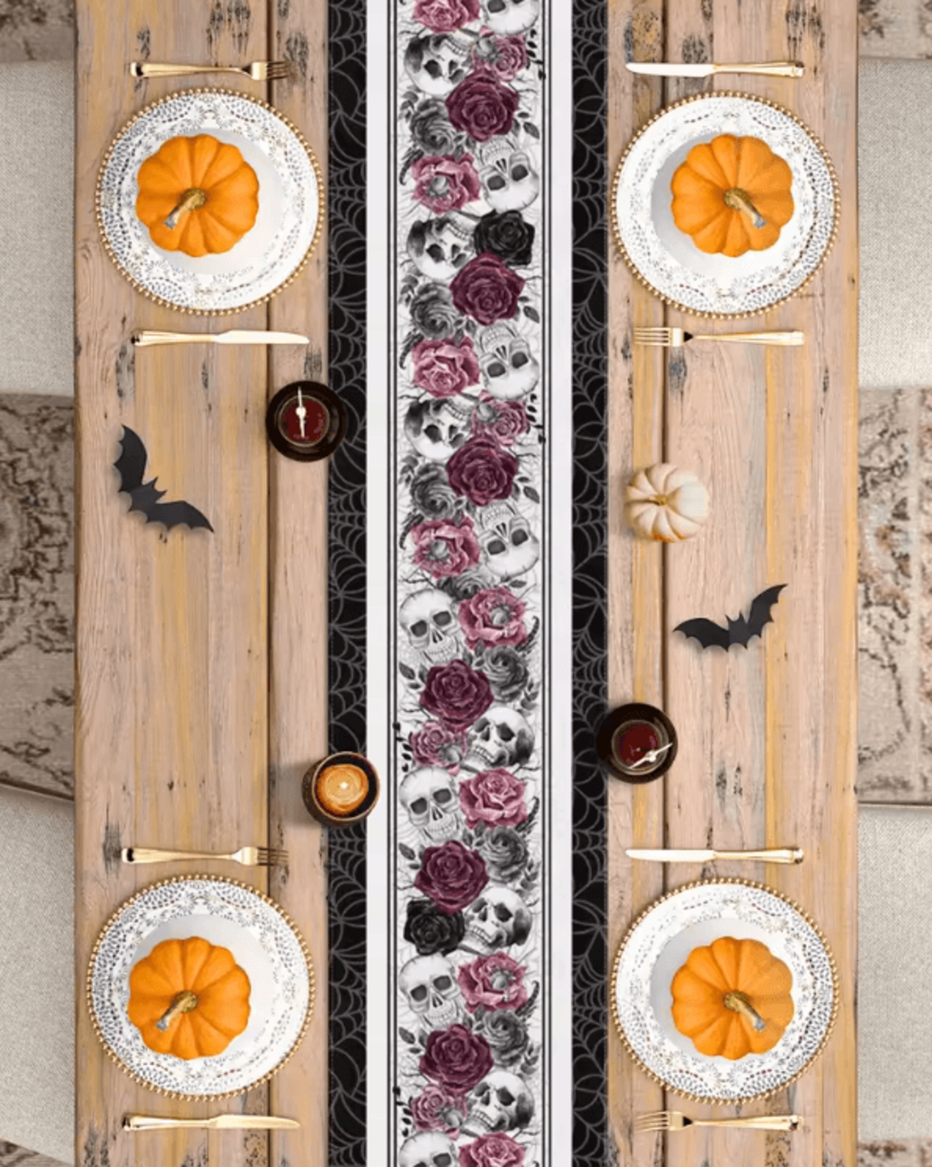 Gothic Skull Rose Crow Linen Table Runner  Halloween Party Dining Decor 3