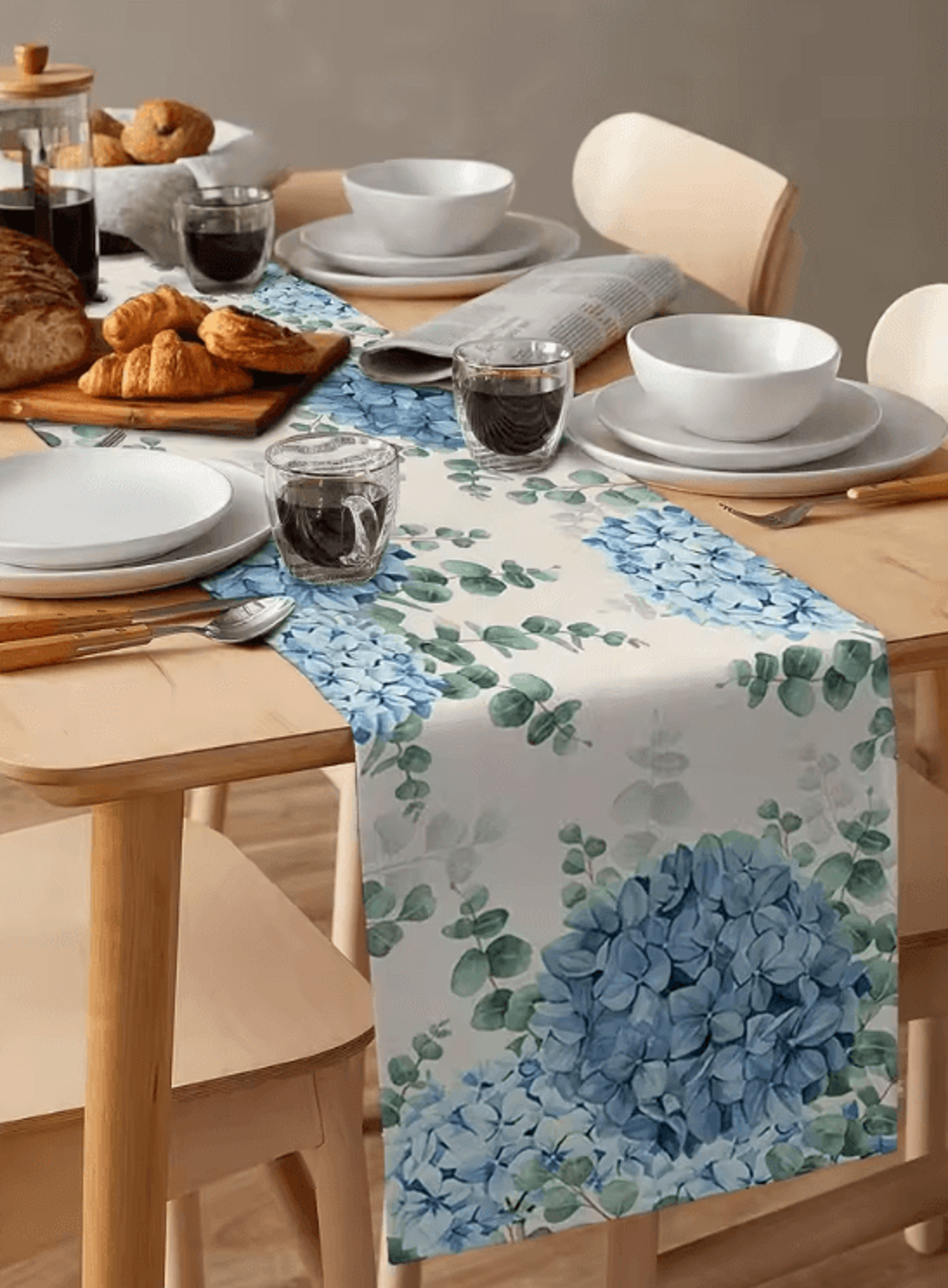 Blue Hydrangea Eucalyptus Linen Table Runner  Elegant Hydrangea Table Runner For Farmhouse  Wedding 0