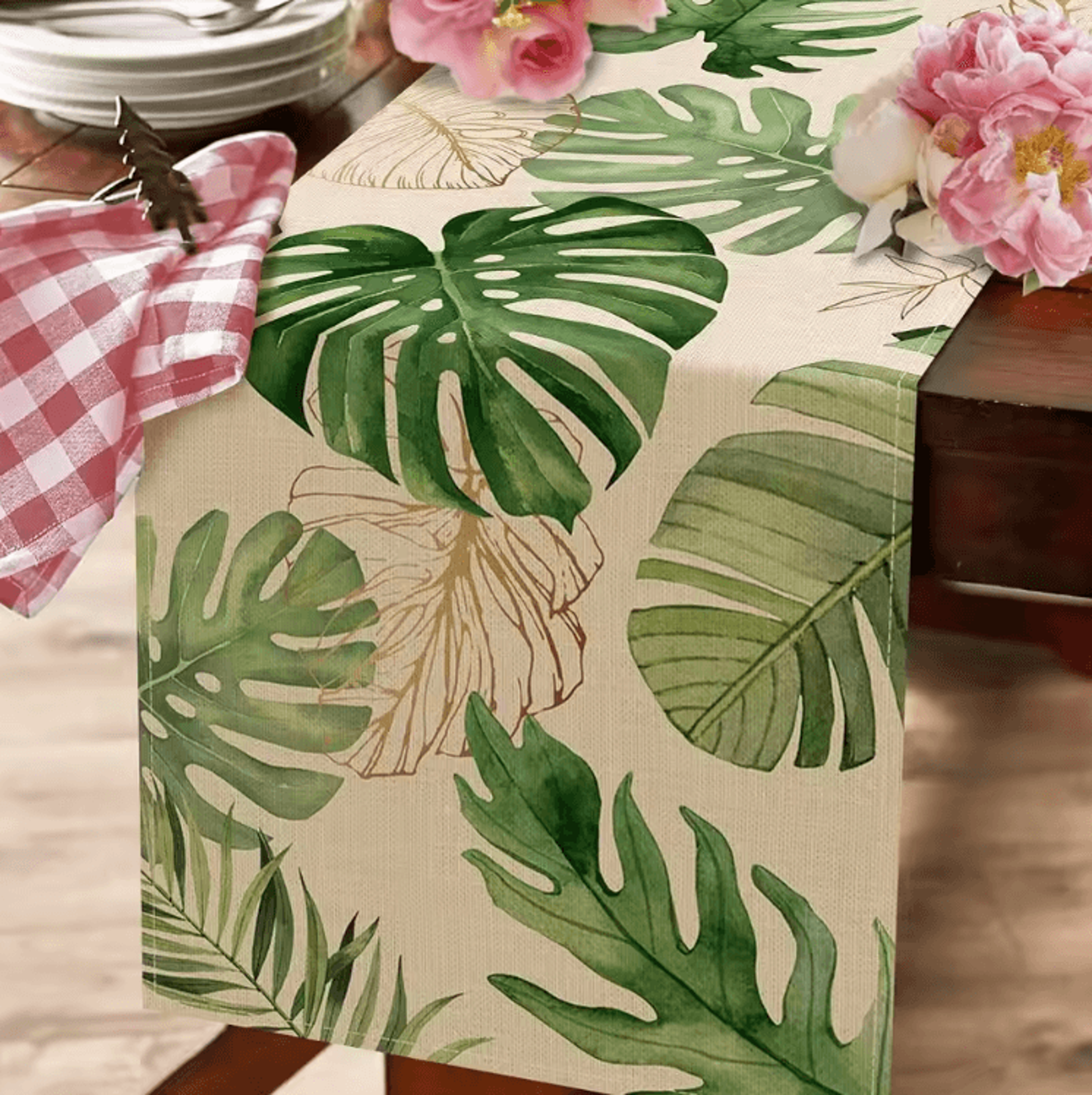 Tropical Palm Leaves Linen Table Runner  Vibrant Tropical Table Runner For Summer  Outdoor Dining D 1