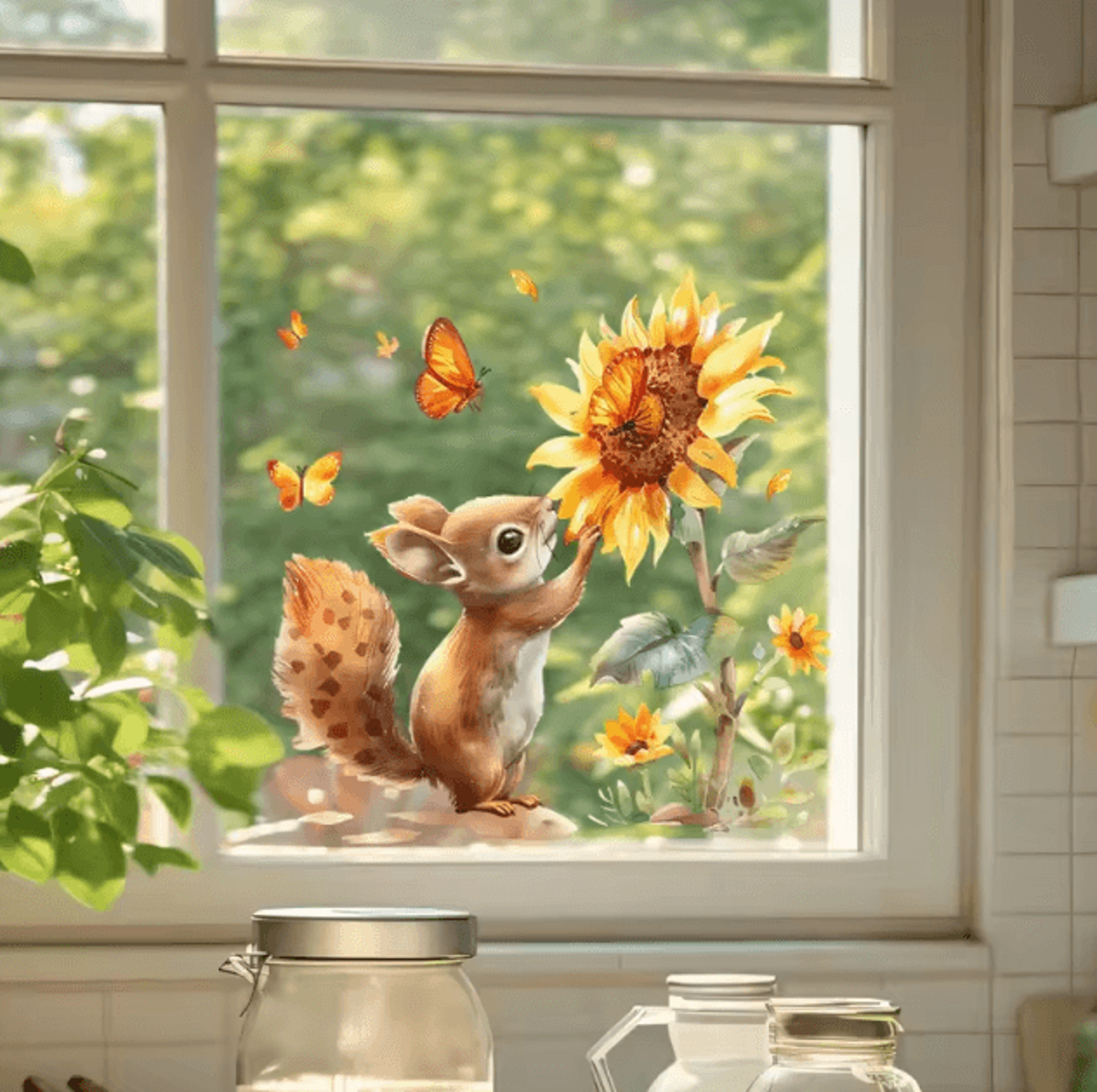 Rustic Watercolor Squirrel Sunflower Window Decal  Charming Squirrel Window Decal For Cozy NatureIn 0