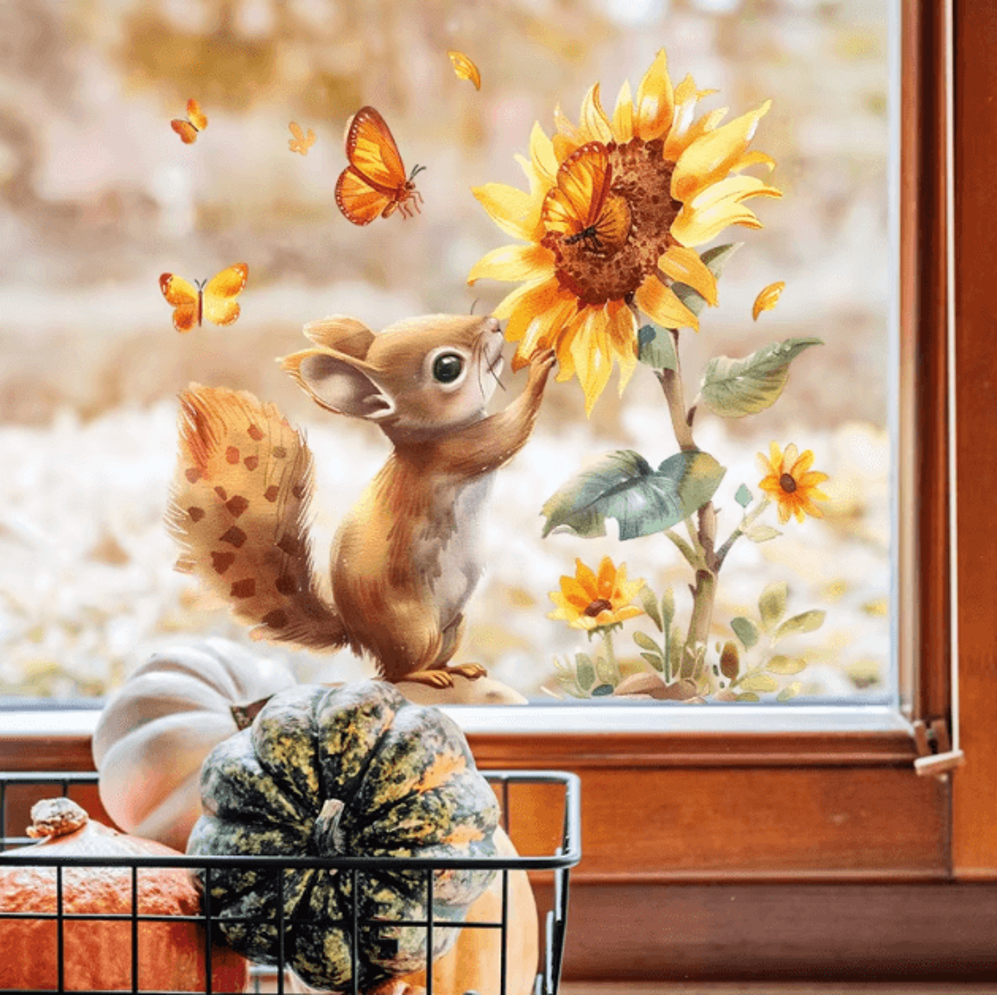 Rustic Watercolor Squirrel Sunflower Window Decal  Charming Squirrel Window Decal For Cozy NatureIn 1