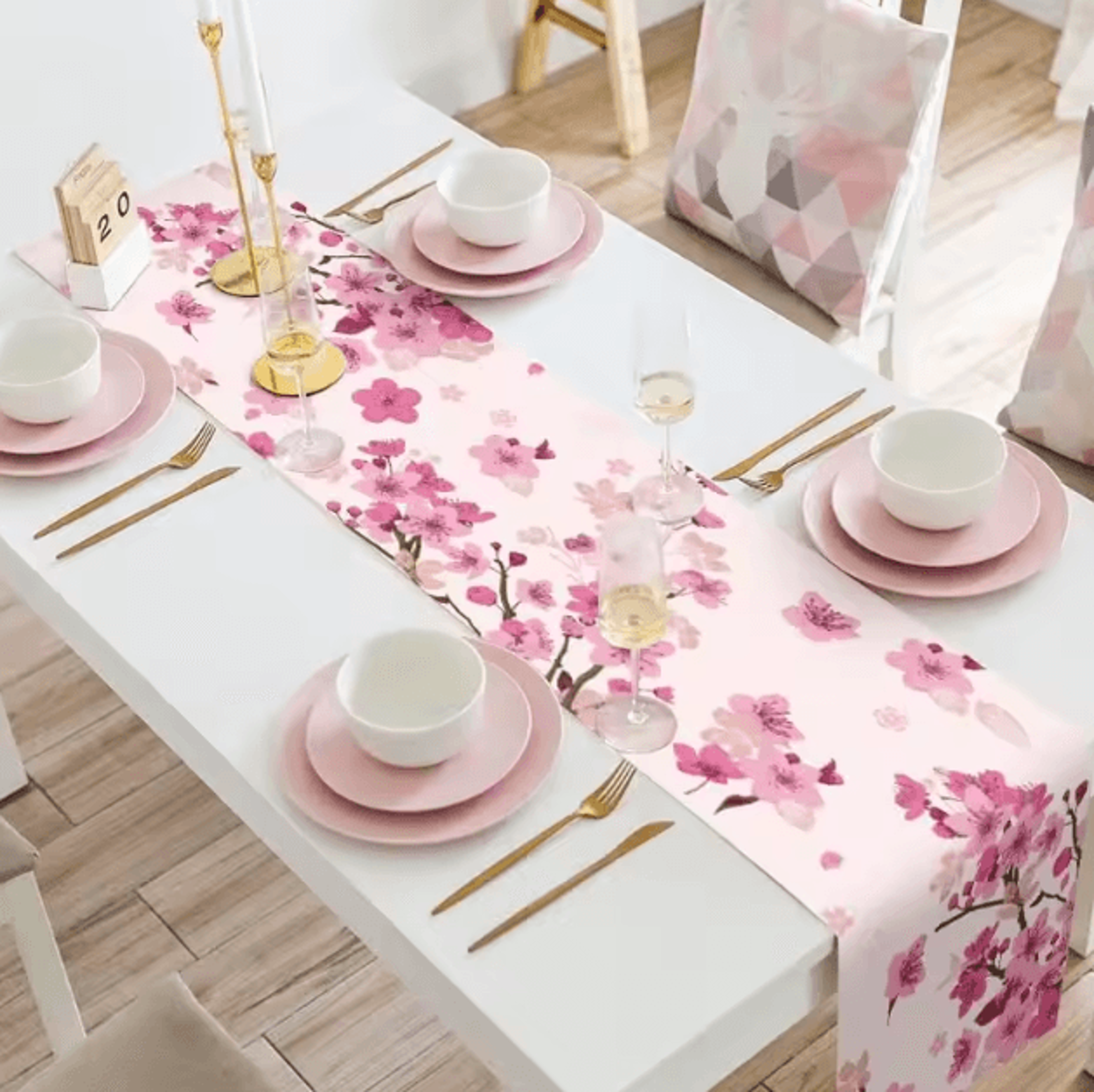 Spring Cherry Blossom Linen Table Runner  Elegant Floral Dining Decor For Farmhouse  Events 1