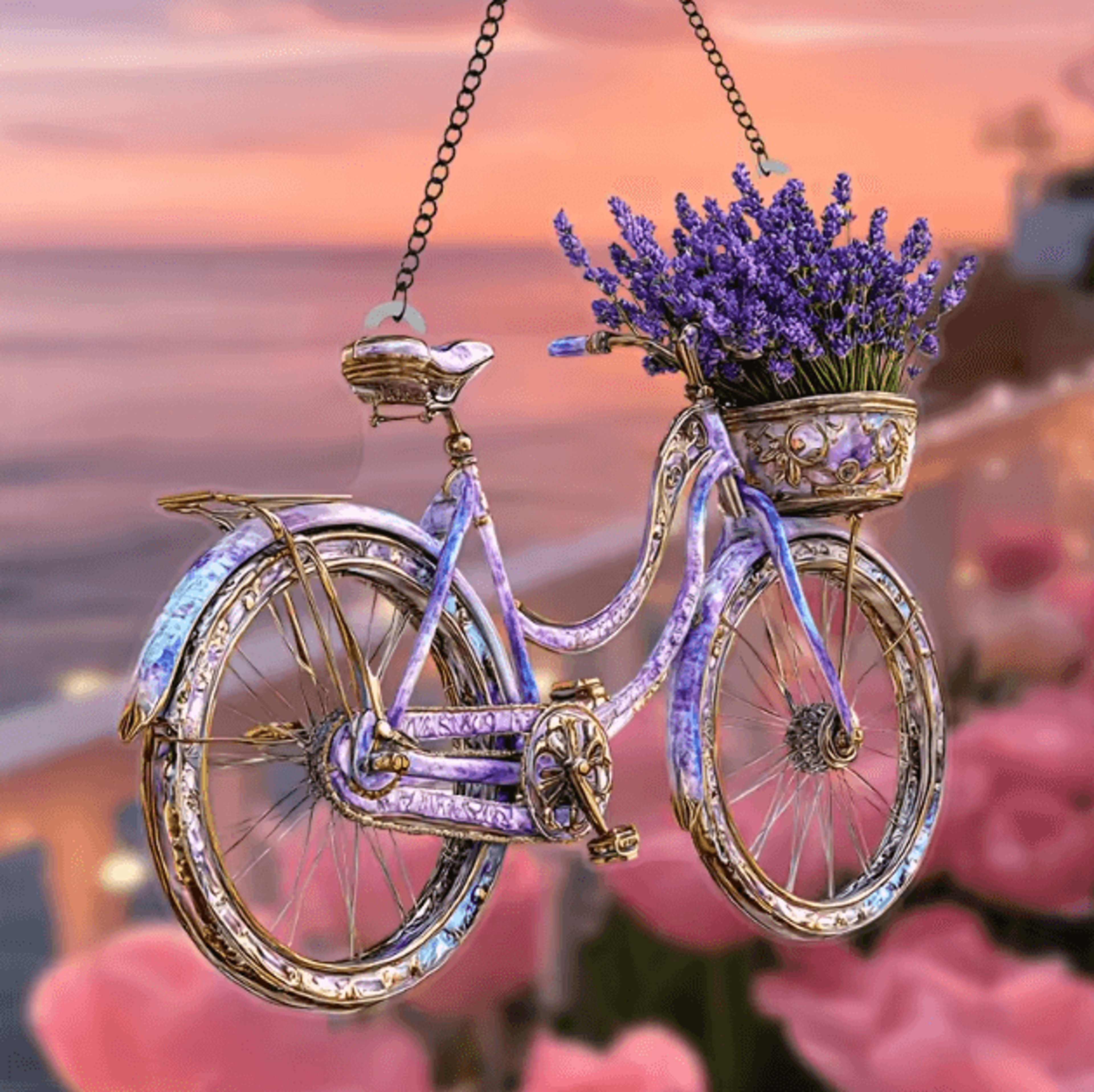 Lavender Bicycle Crystal Suncatcher  Floral Window Light Catcher Decor 1