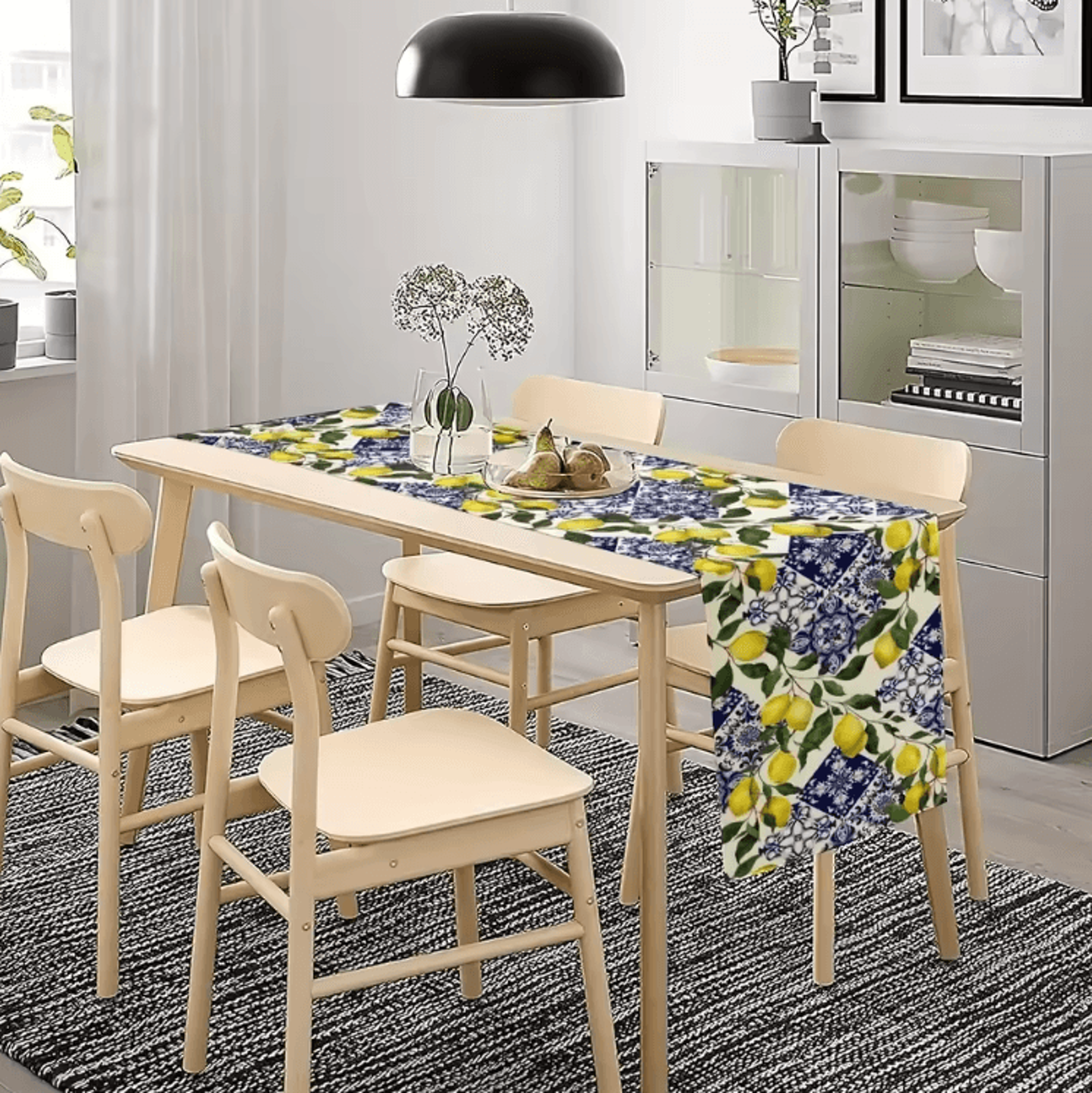 Mediterranean Blue Tile Lemon Linen Table Runner  Summer Floral Kitchen  Party Decor 1