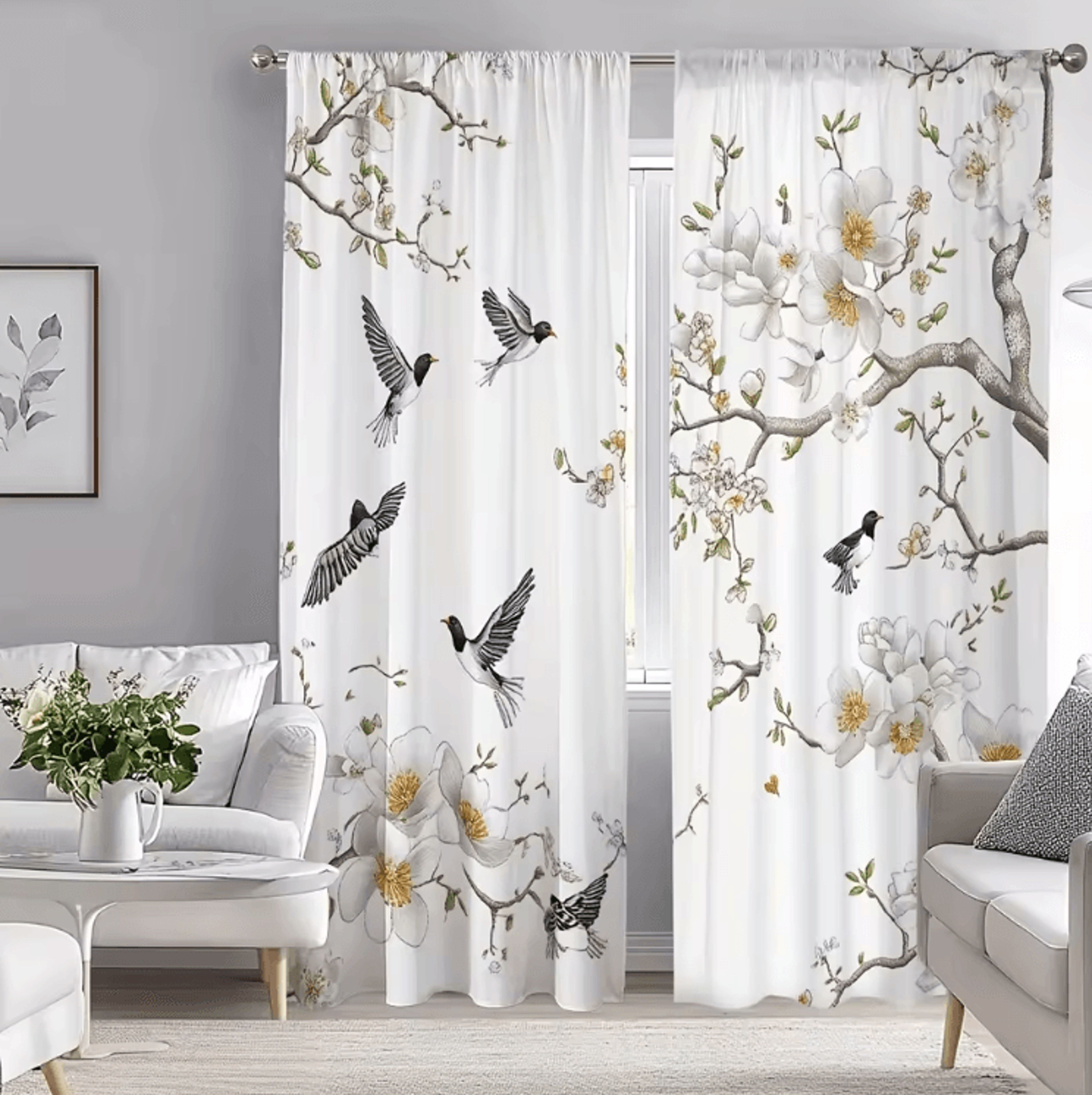 Elegant Floral  Bird Print Curtain Set  Soft Polyester Aesthetic Window Panels 2