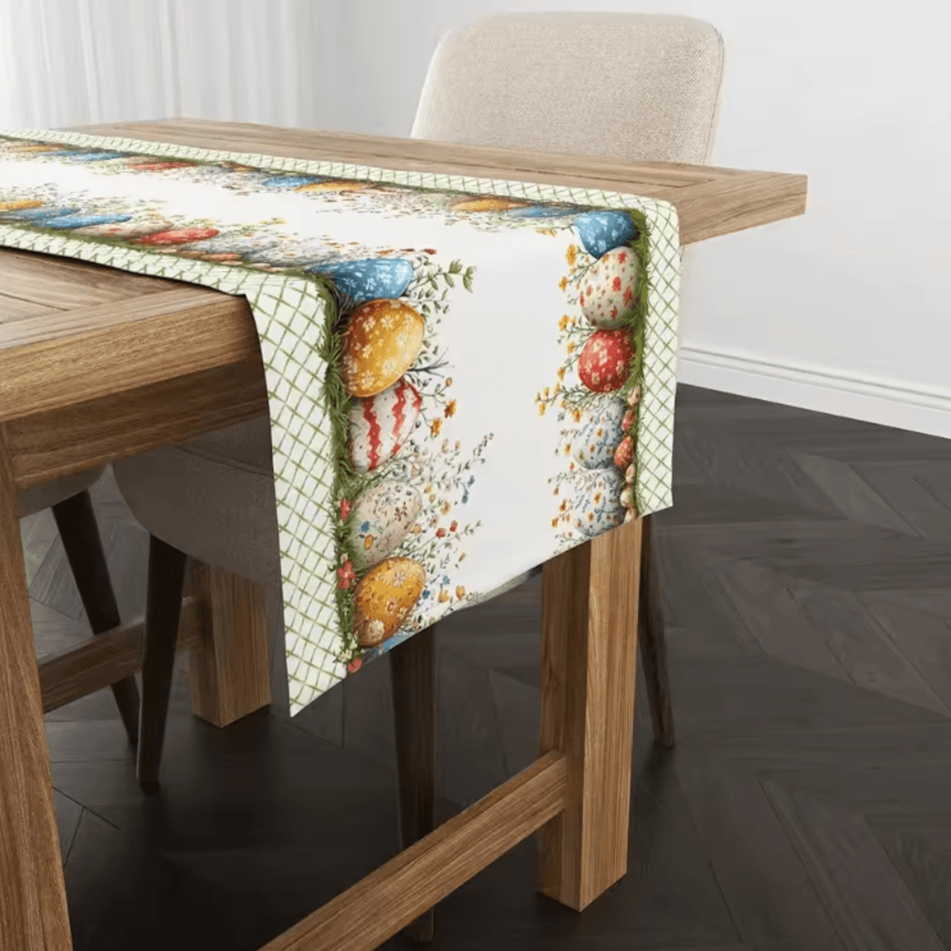 Scandinavian Easter Egg Table Runner  Plaid Floral Spring Table Decor 1
