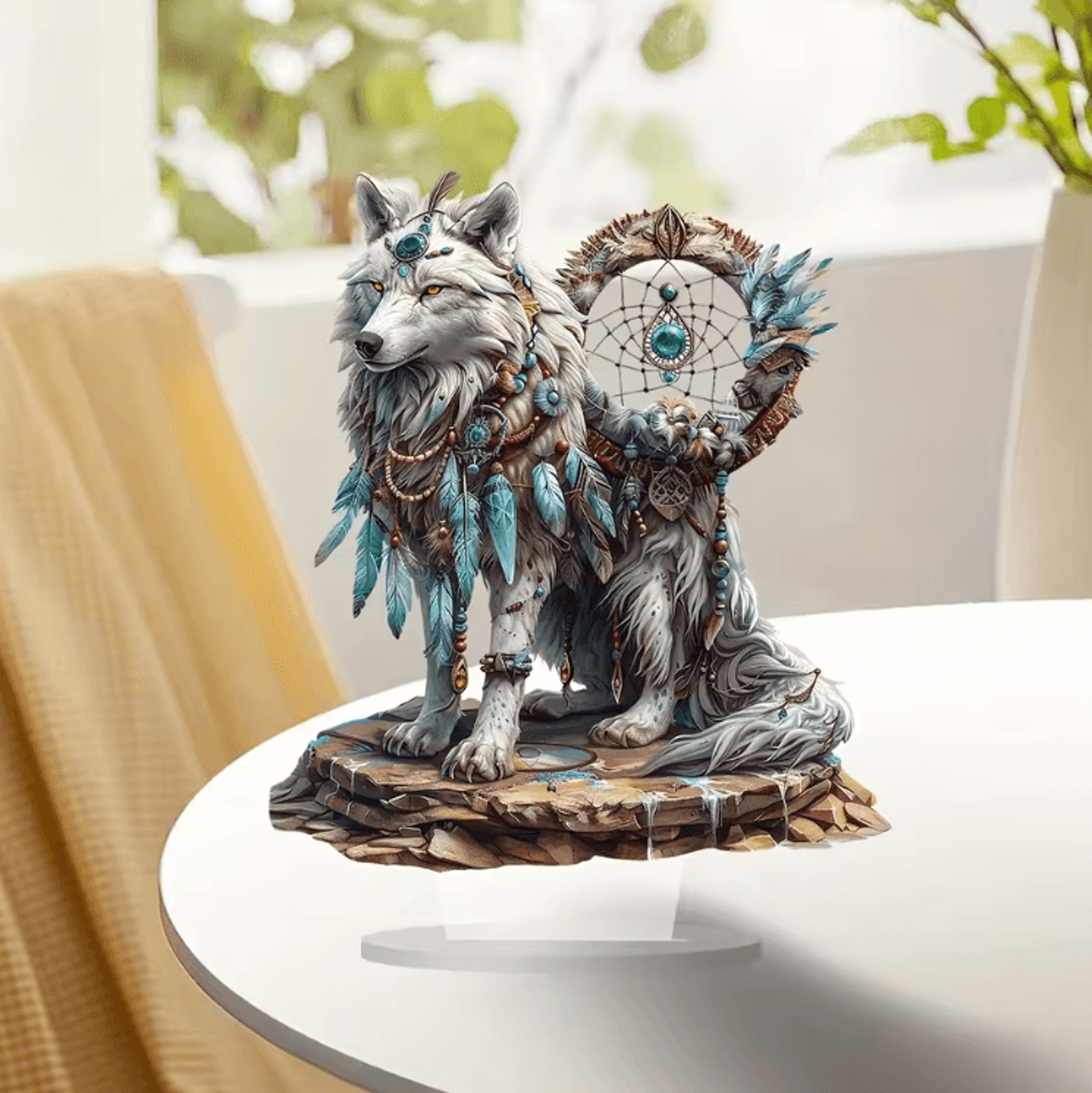 White Wolf Dreamcatcher Acrylic Desk Decor  Boho Chic Spiritual Tabletop Art 3