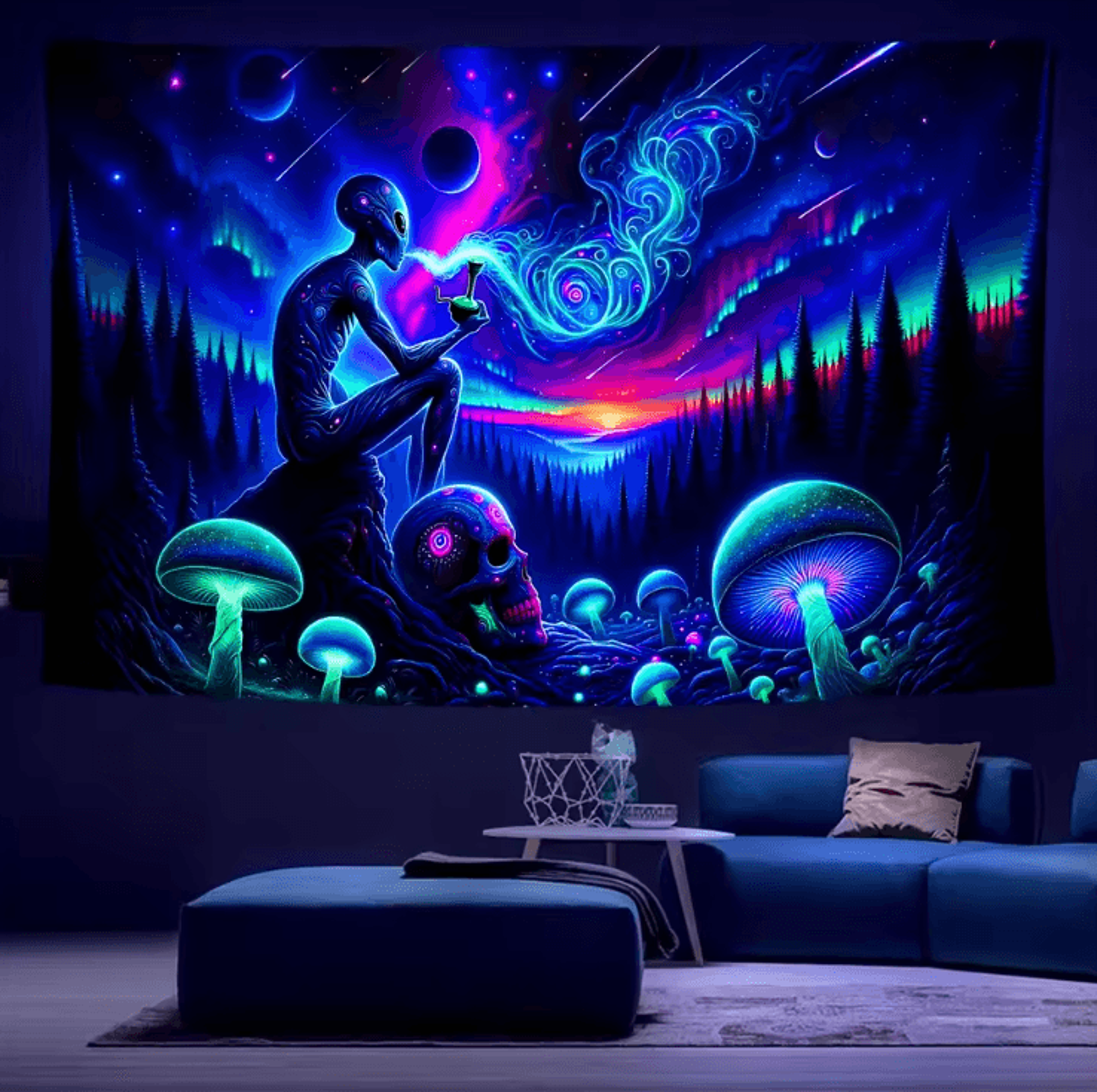 Aurora Borealis Alien Forest Tapestry  UV Reactive Boho Wall Art For Bedroom  Gaming Room 2