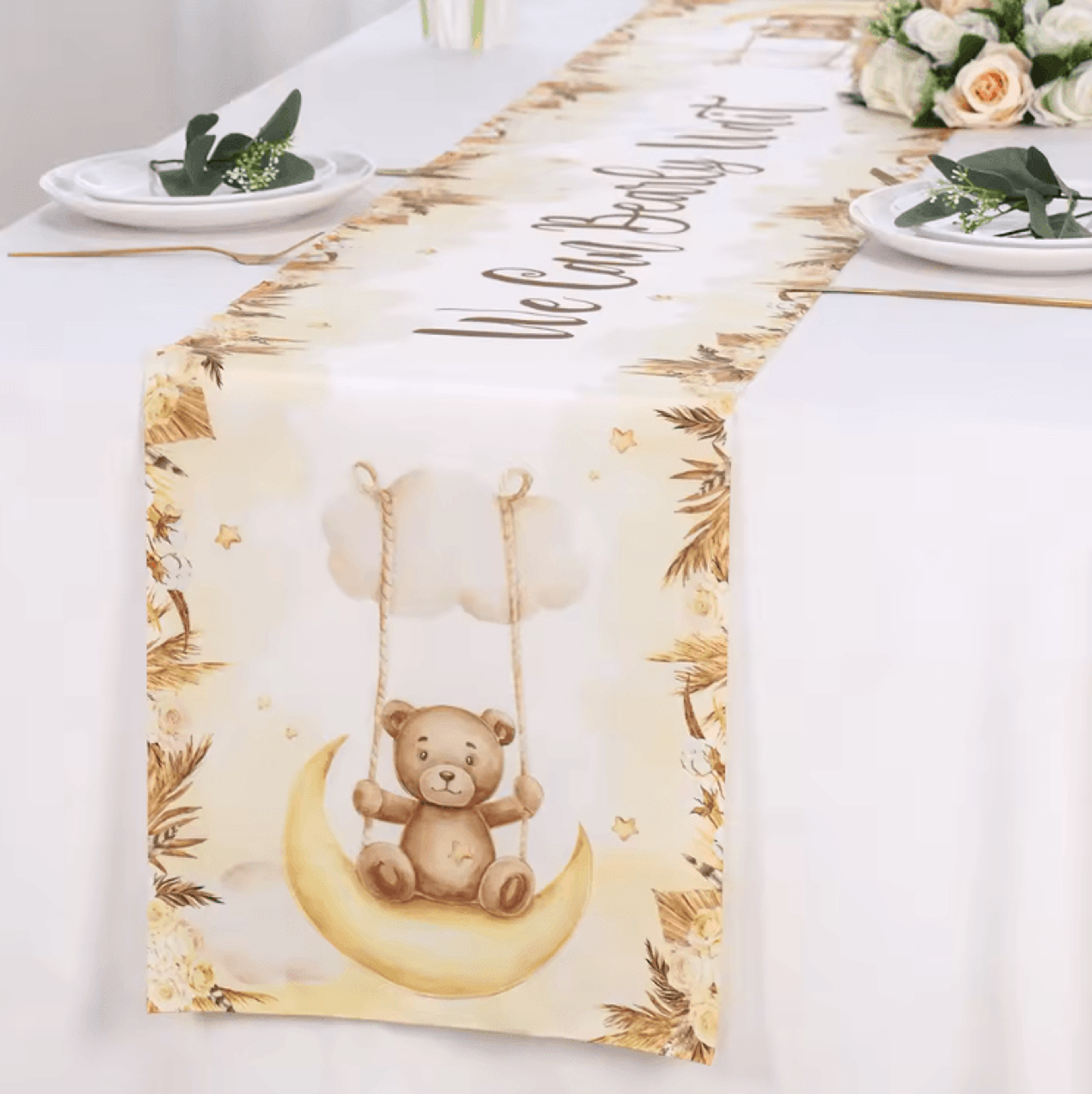 Cute Teddy Bear Birthday Table Runner  Baby Shower  1st Birthday Party Table Decor 180 35cm 2