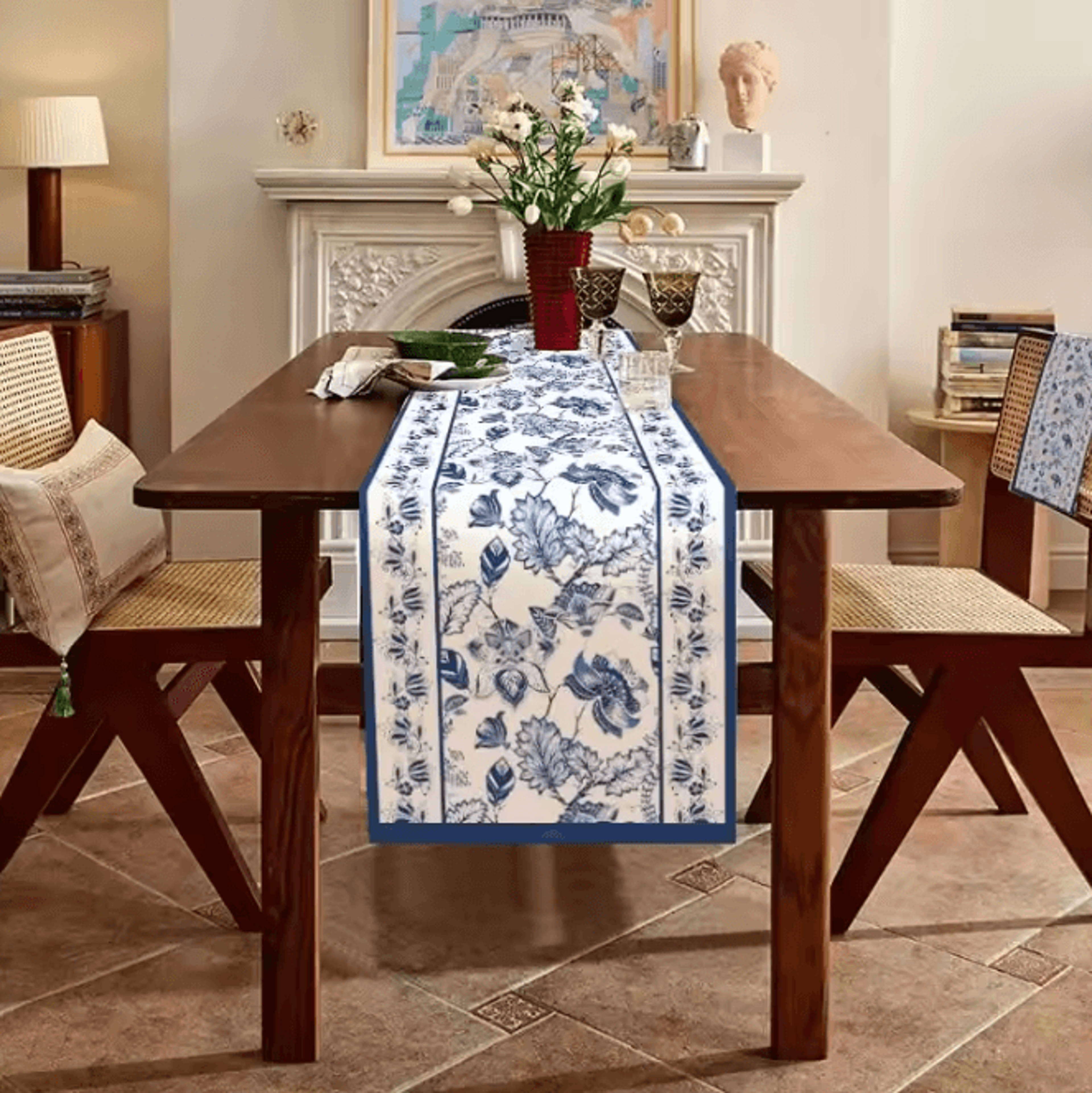 Summer Blue Floral Linen Table Runner  Farmhouse Dining  Wedding Table Decor 2