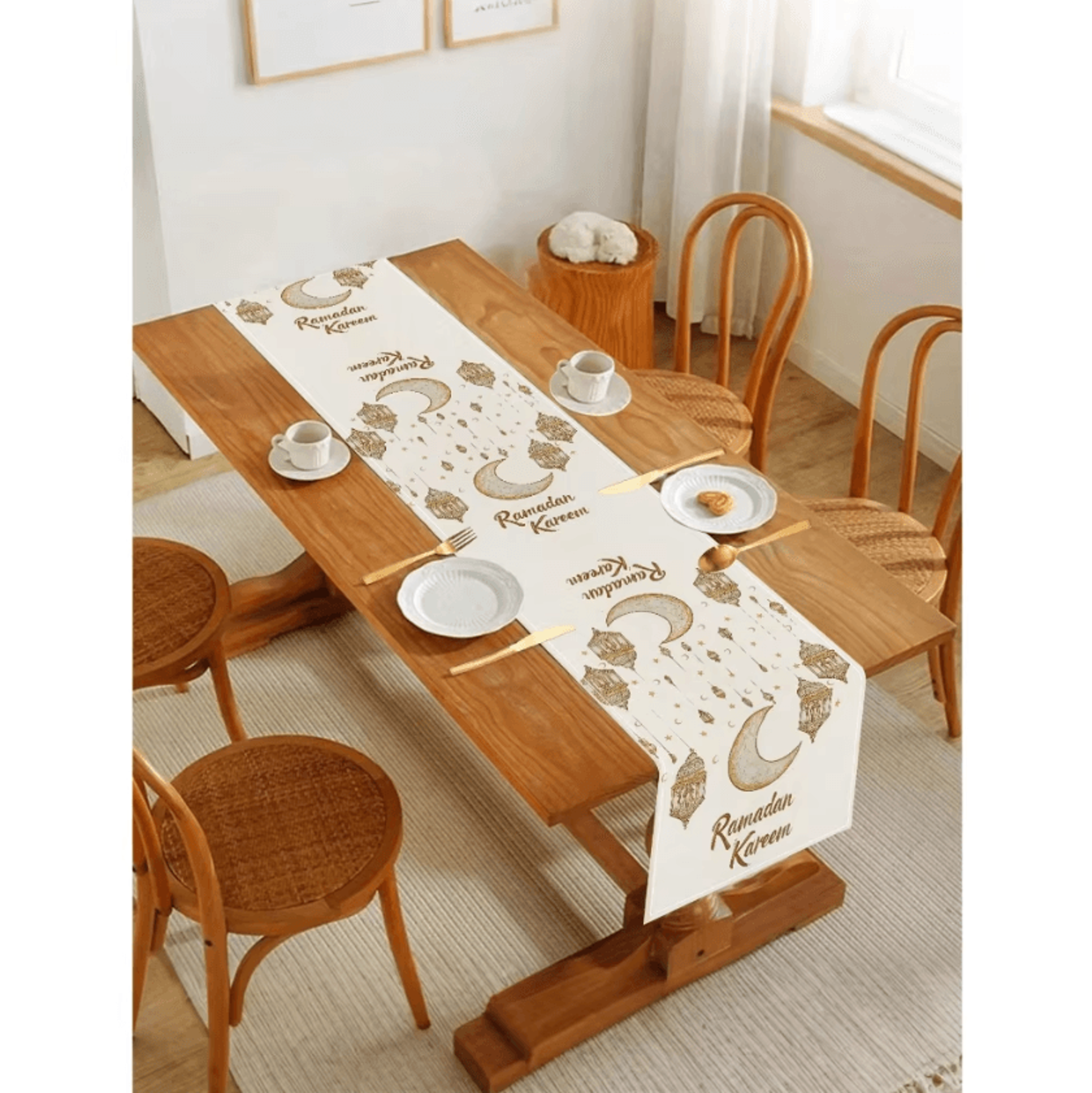 Ramadan Kareem Linen Table Runner  Moon Stars  Lantern Eid Dining Decor 1