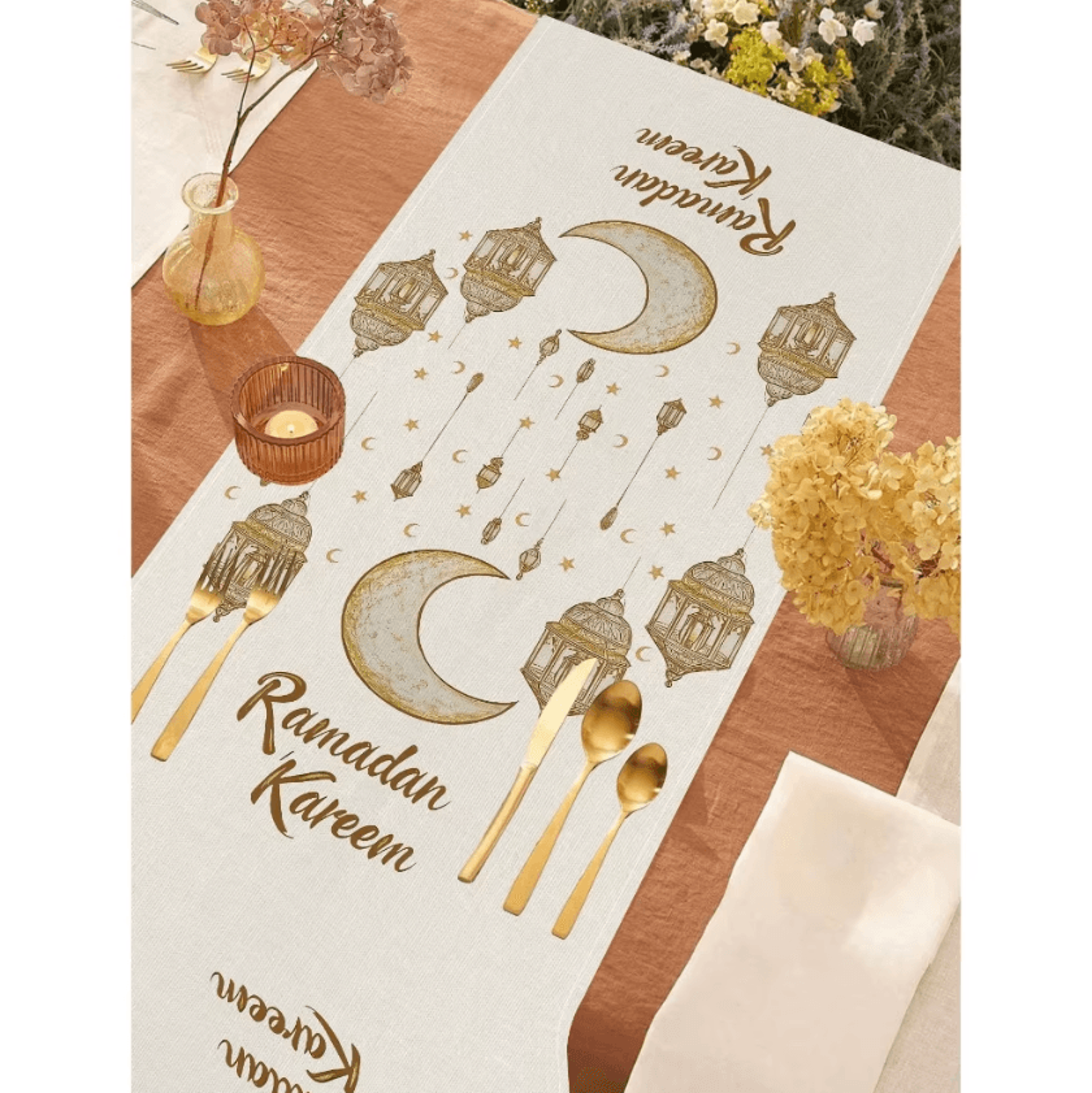 Ramadan Kareem Linen Table Runner  Moon Stars  Lantern Eid Dining Decor 3
