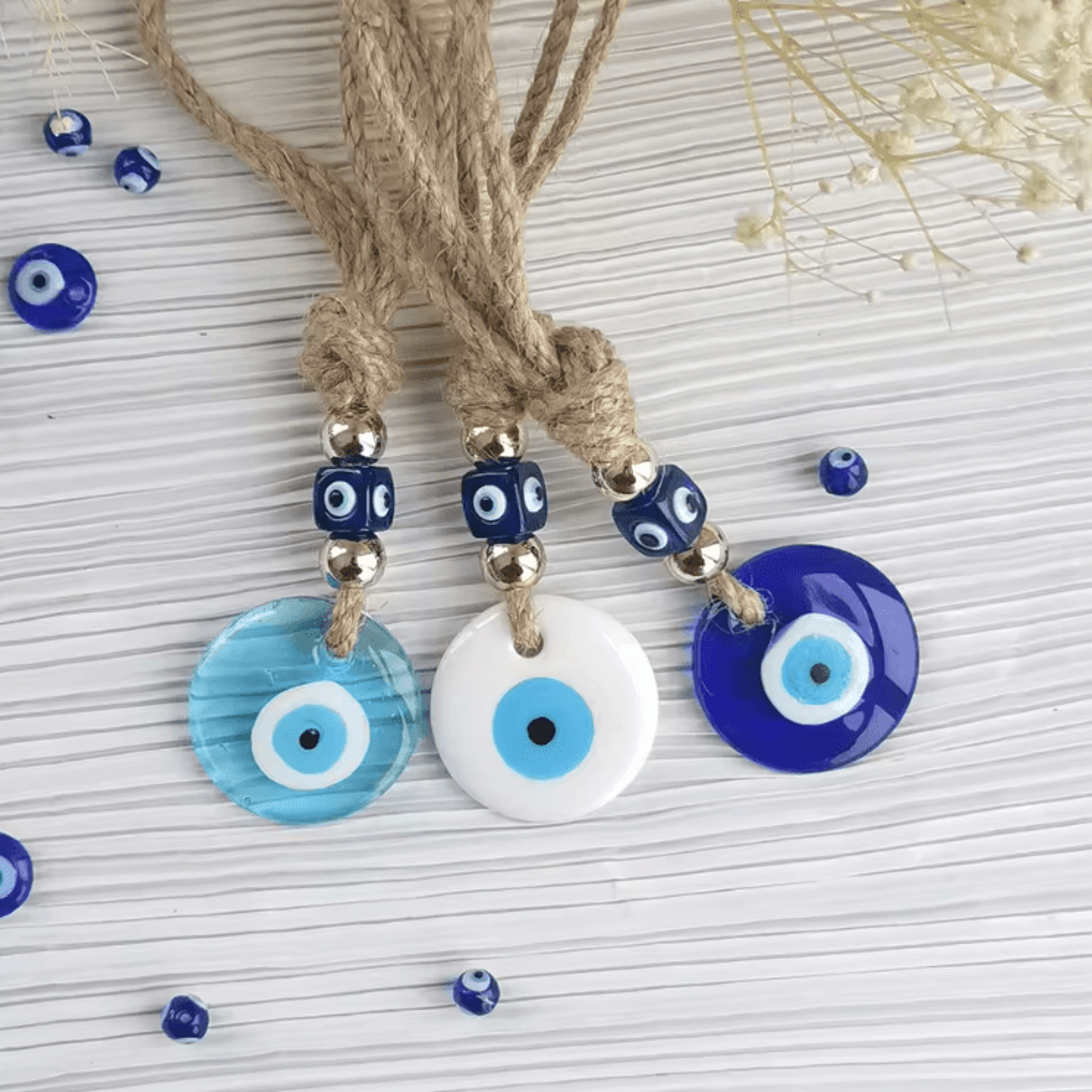 Handcrafted Evil Eye Wall Hanging  Blue Glass Evil Eye Charm Protective Home Decor Pendant 0