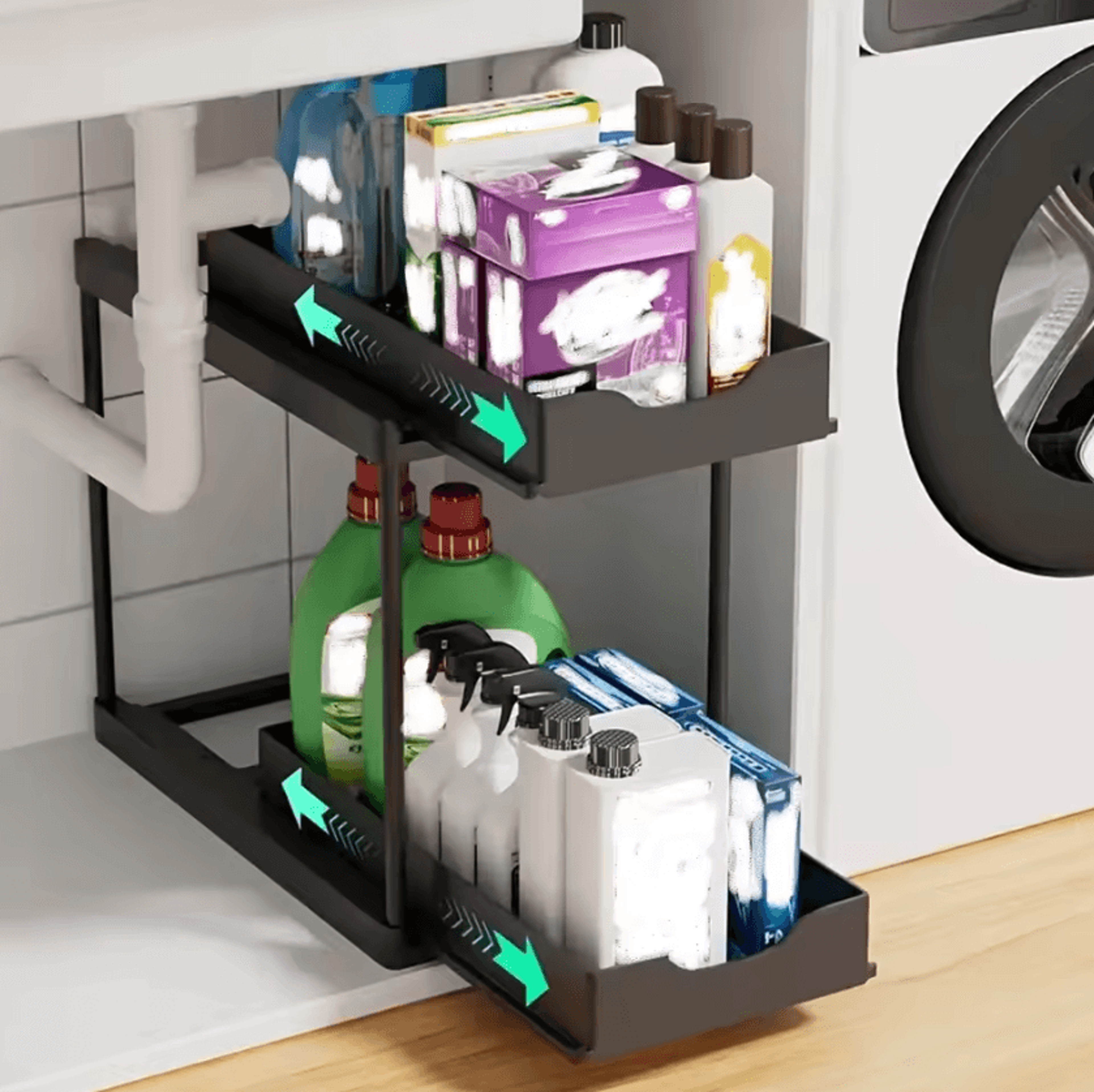 DoubleLayer PullOut Kitchen Storage Rack  Under Sink Organizer With Hooks 3