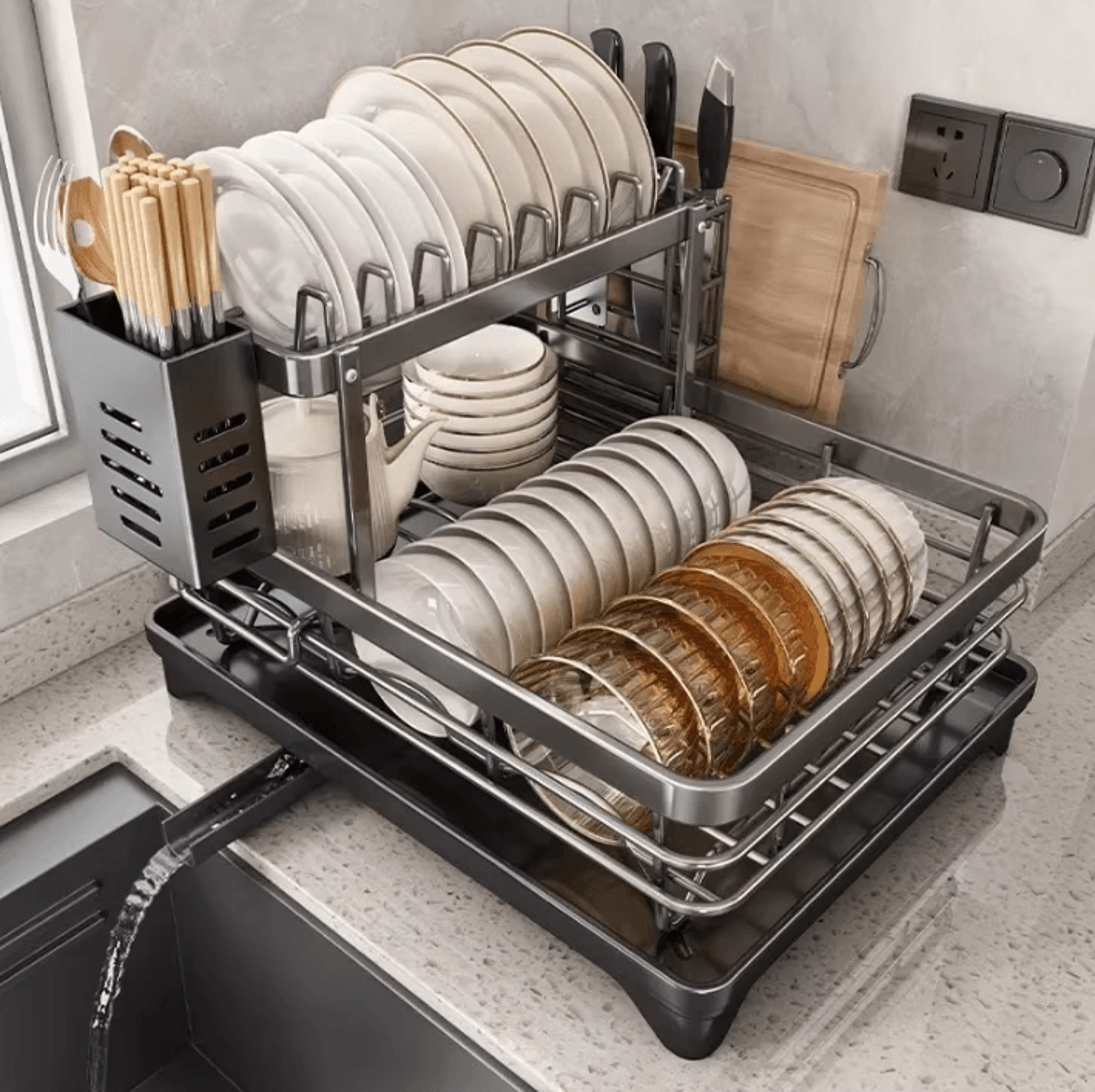Adjustable OverSink Dish Drying Rack  Stainless Steel Kitchen Organizer With Drainboard 0