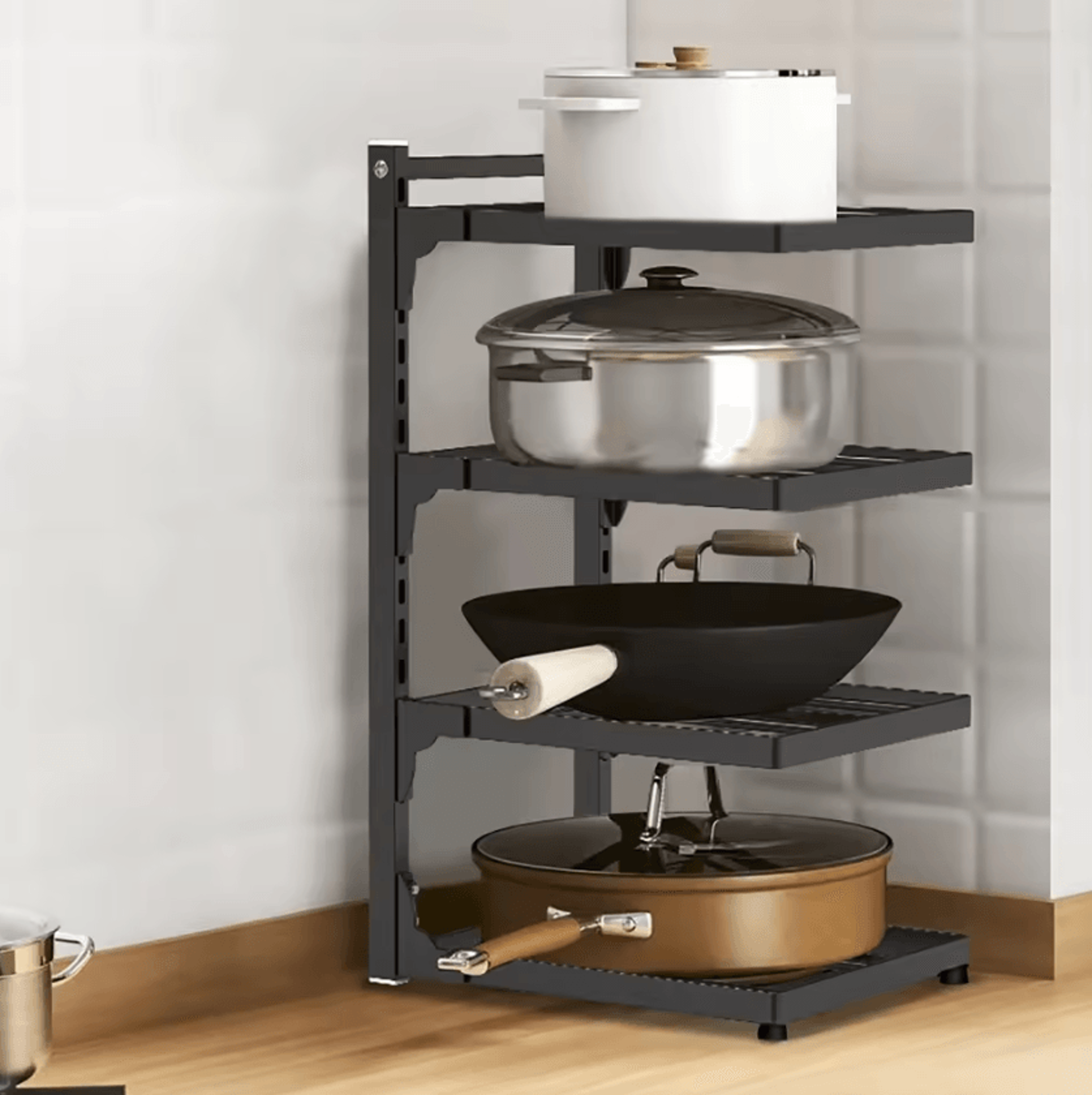 Adjustable MultiTier Kitchen Pot Rack  Expandable Cabinet  Corner Storage Organizer 0