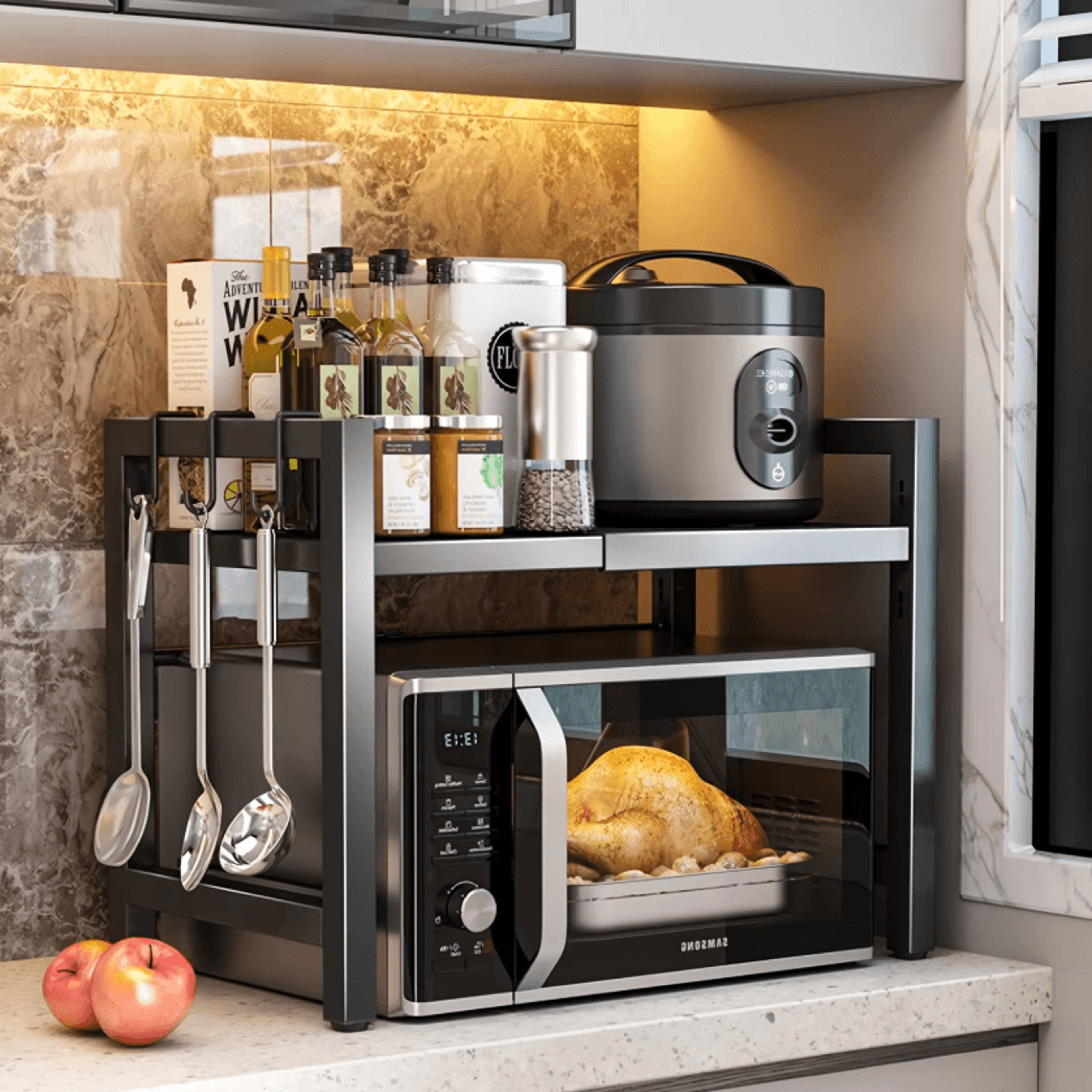 Expandable Microwave Shelf Rack  Adjustable Kitchen Counter Organizer With 6 Hooks 4064cm 0