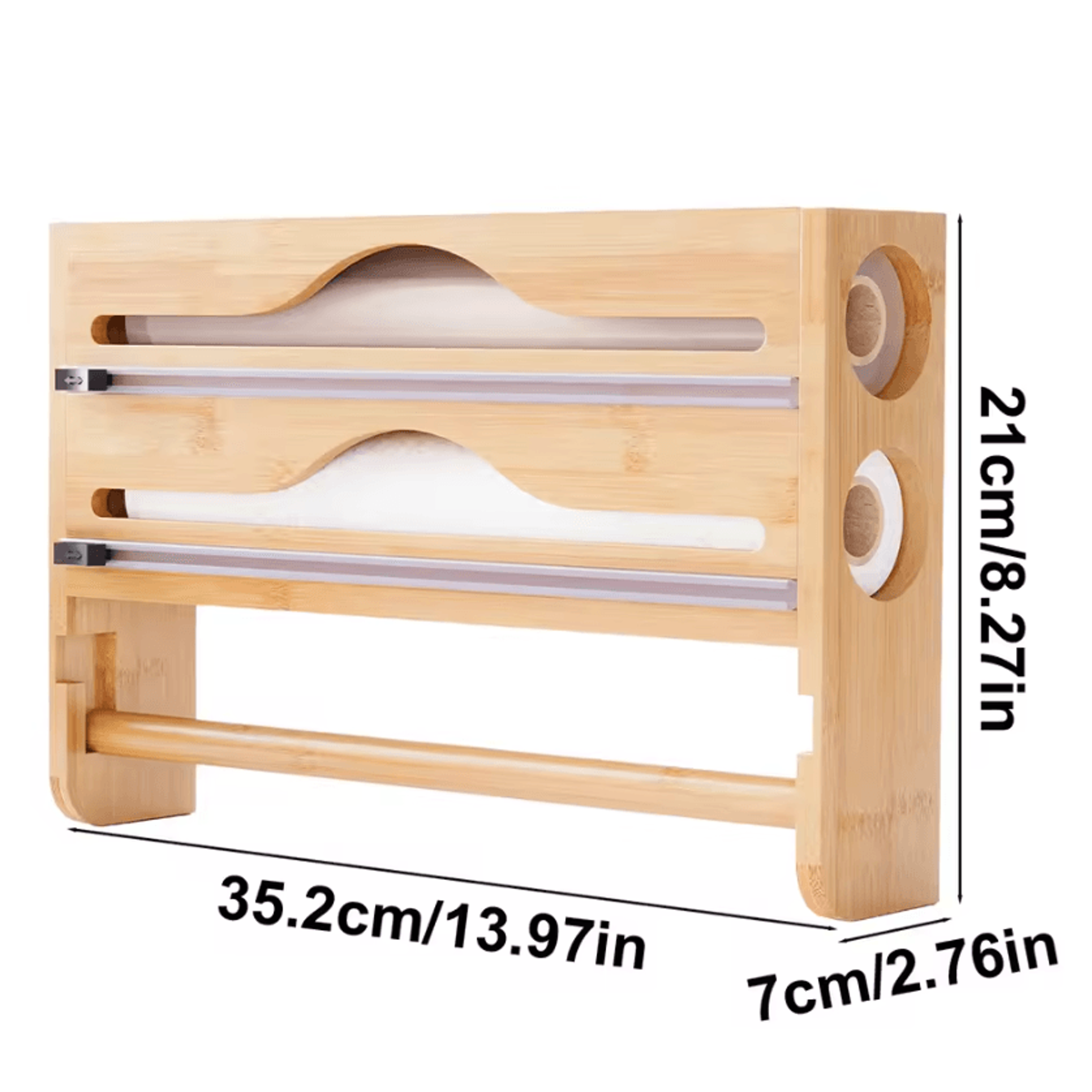 Bamboo WallMounted Cling Film  Foil Cutter Organizer  2Compartment Kitchen Storage With Paper Towel 2