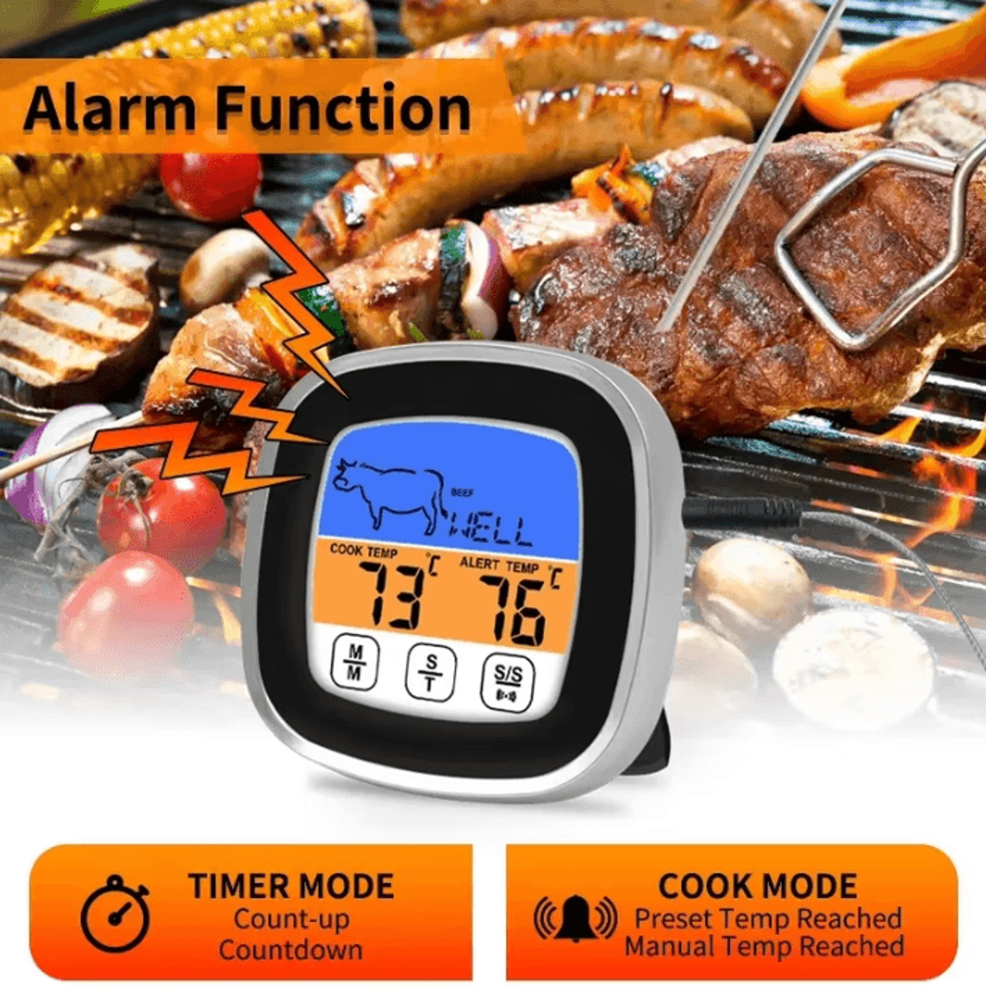 CookMaster Pro Digital Meat Thermometer With Touchscreen LCD  Timer Mode 1
