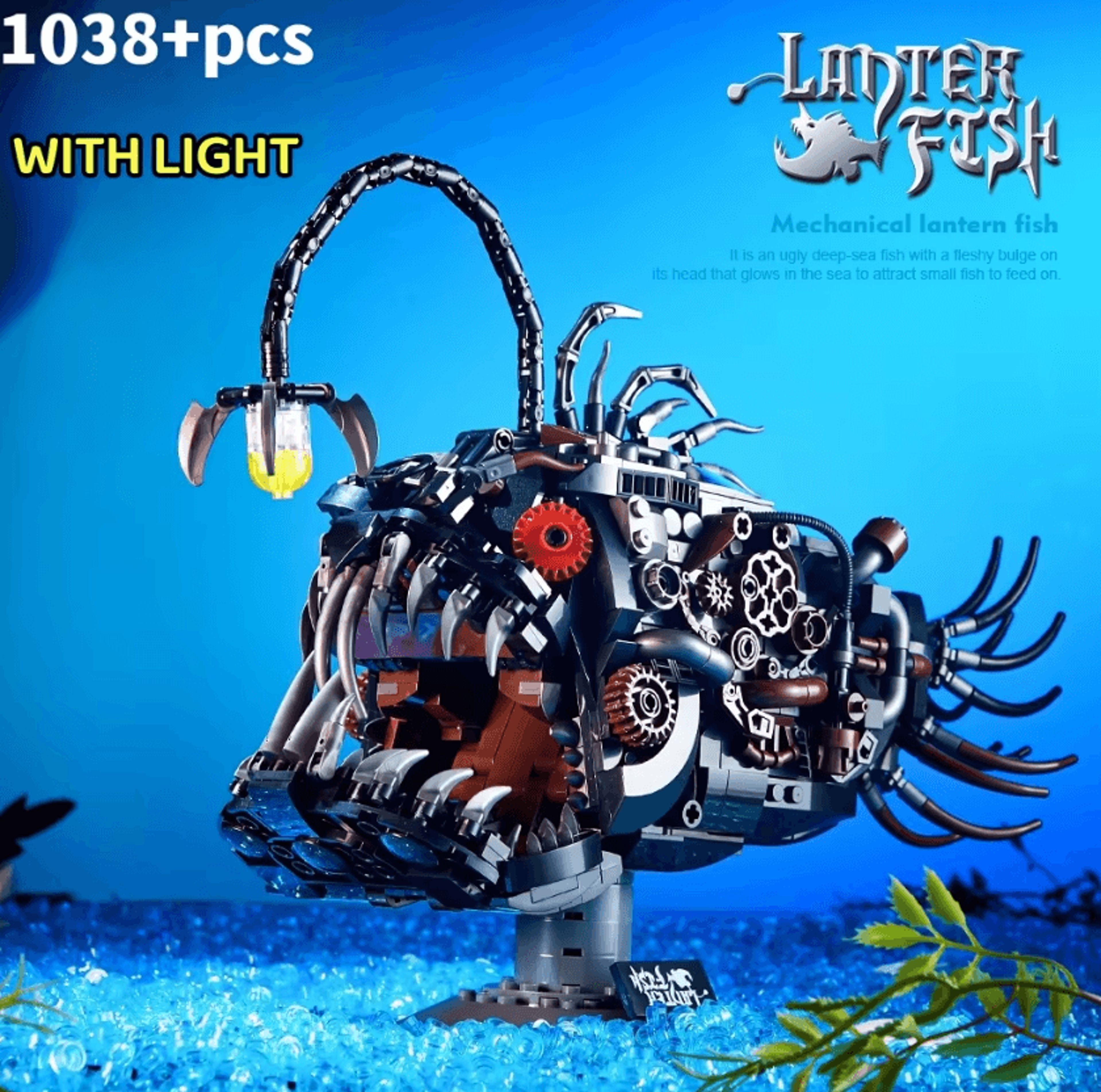1038PCS Mechanical Lantern Fish Building Blocks  LED Ocean Creature DIY Model Kit 1