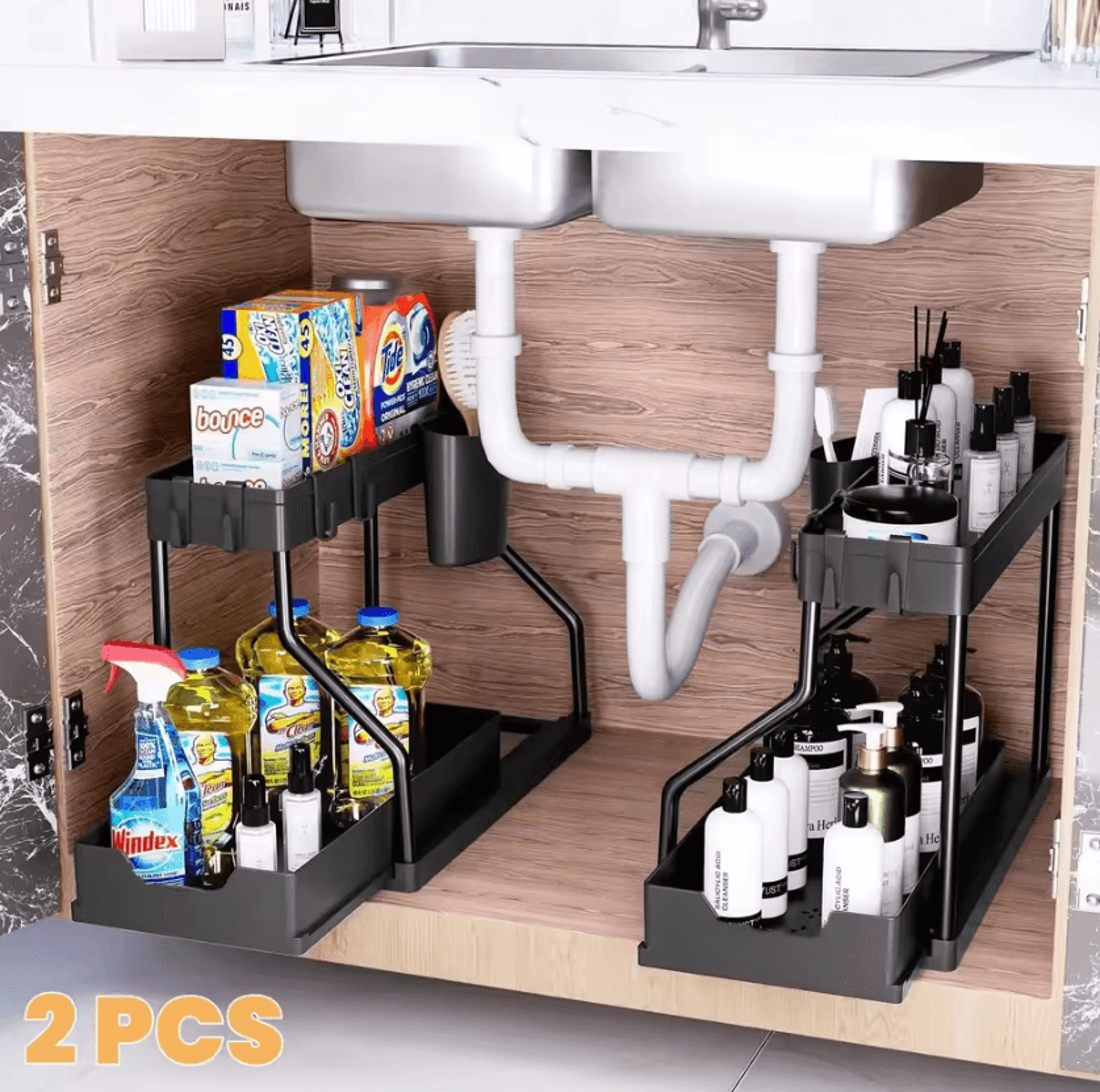 SlideSpace 2Tier PullOut Storage Organizer  SpaceSaving Under Sink Organizer For Kitchen  Bathroom  3
