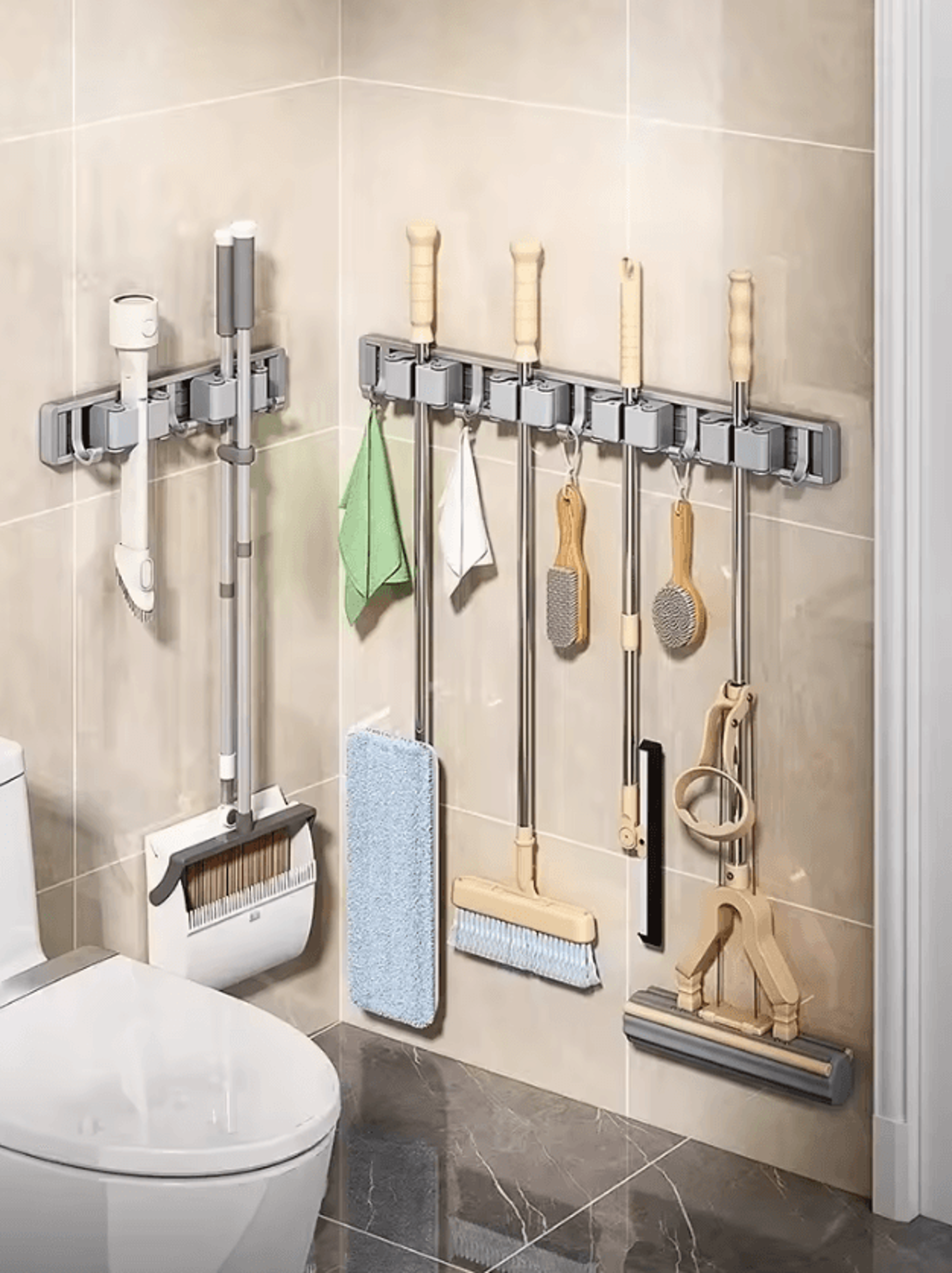 Wall Mounted Mop  Broom Holder Rack With 5 Hooks 1