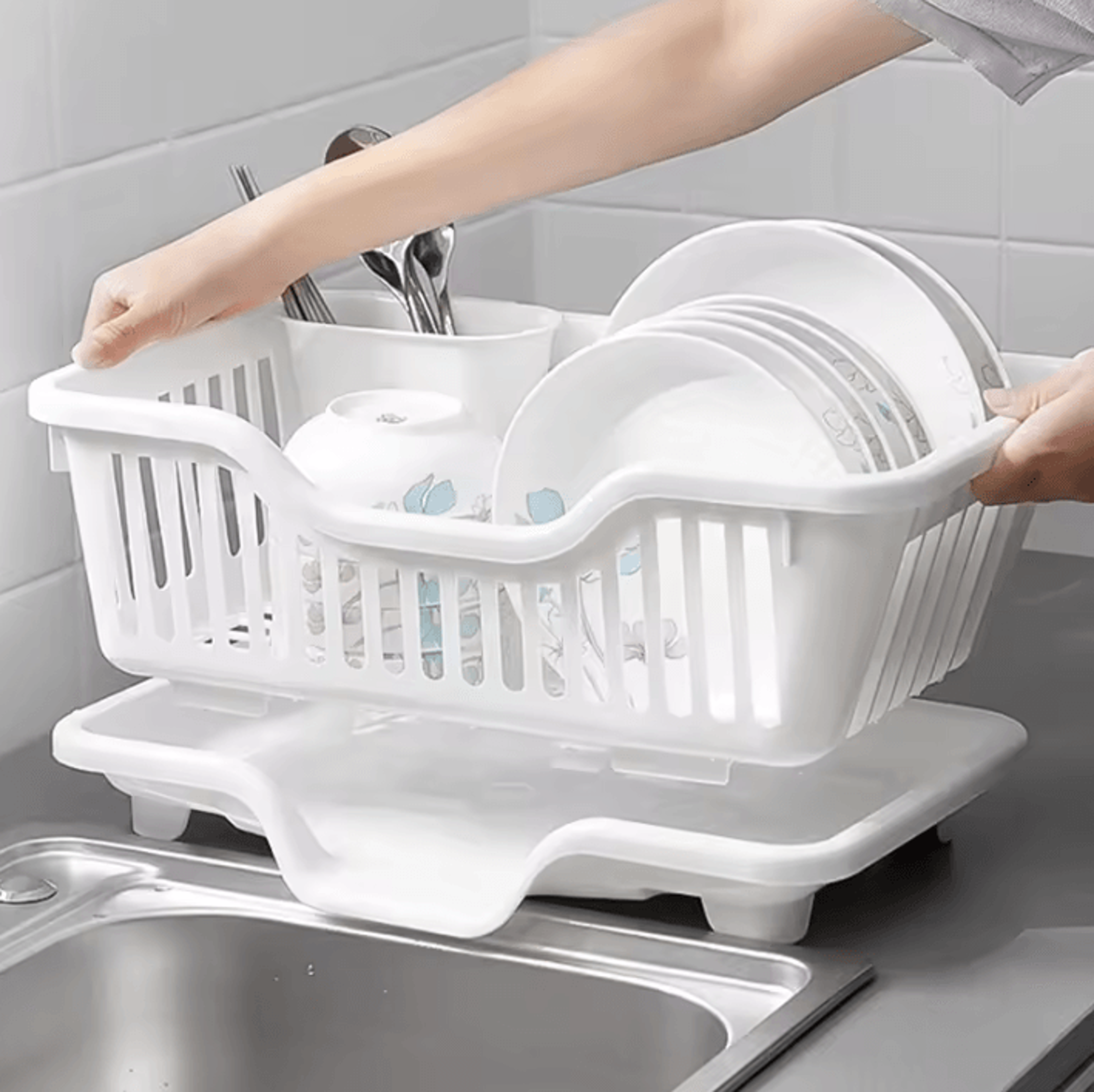 AquaFlow Kitchen Dish Drying Rack With Drain Board  Utensil Holder 2