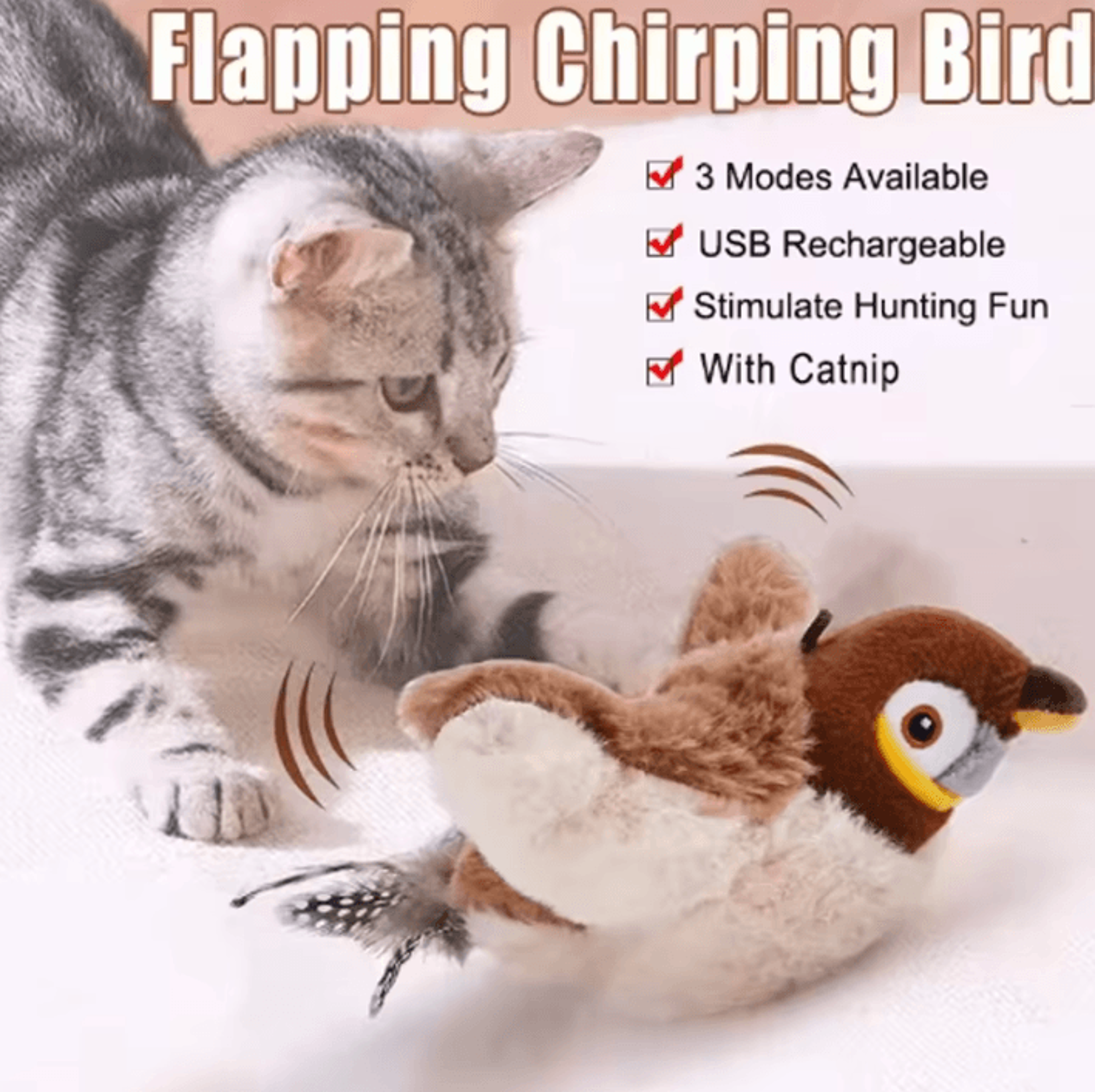 FlappySparrow Interactive Cat Toy  Chirping Plush Bird With Flapping Wings 0