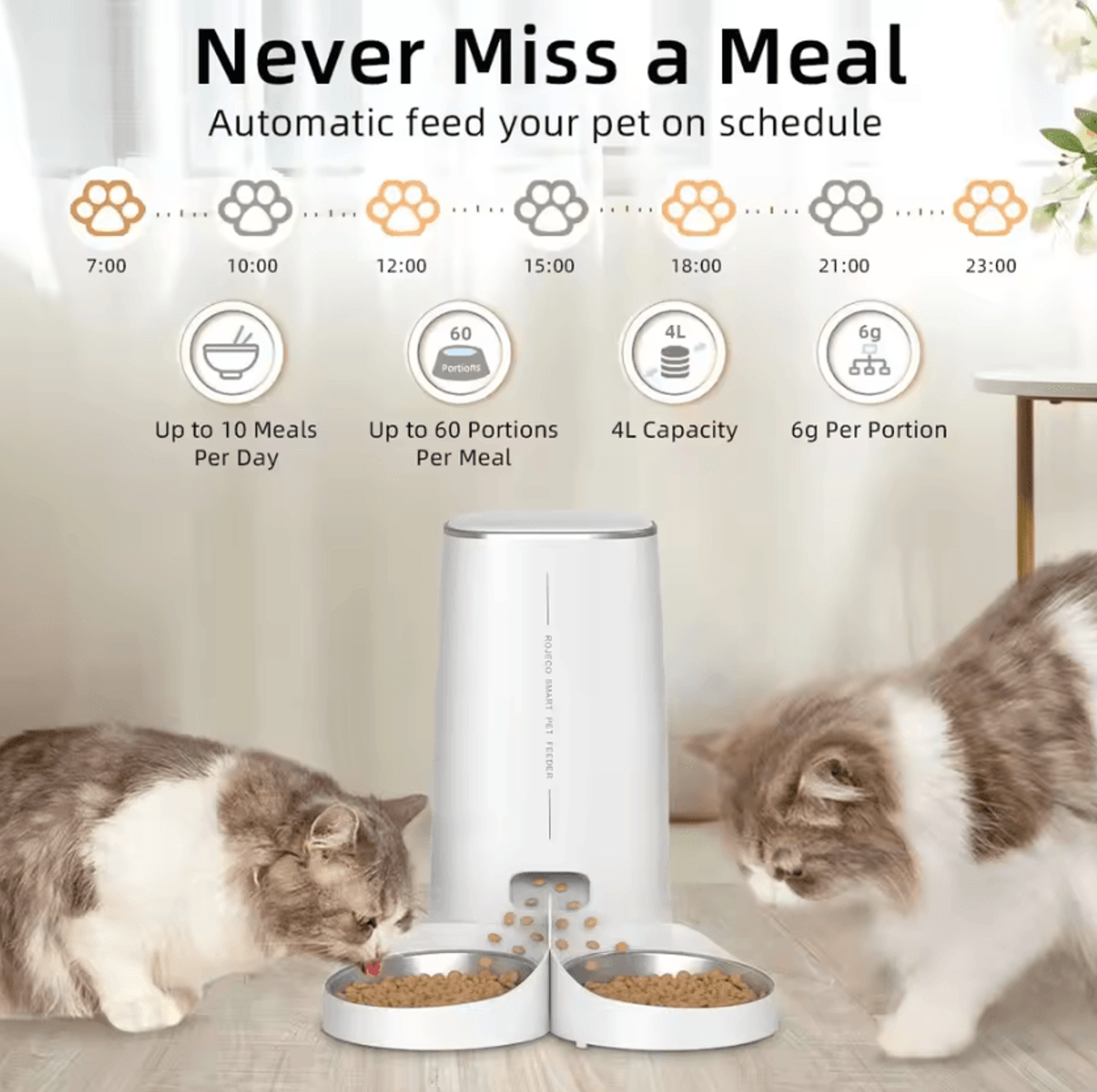 ROJECO Smart Dual Bowl WiFi Automatic Pet Feeder 1