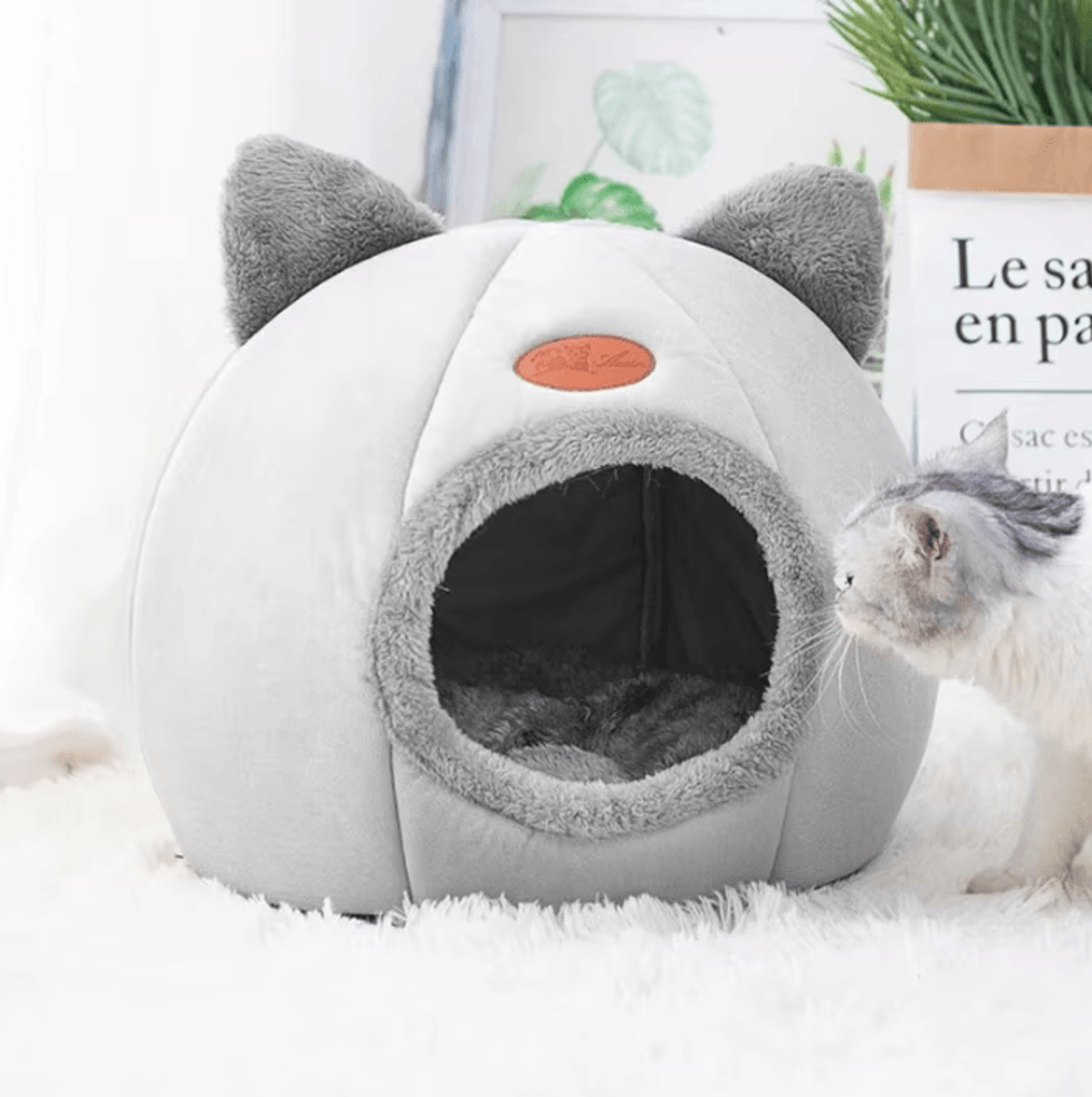 Cute Cat Head Shape SemiEnclosed Warm Cat Bed House 2