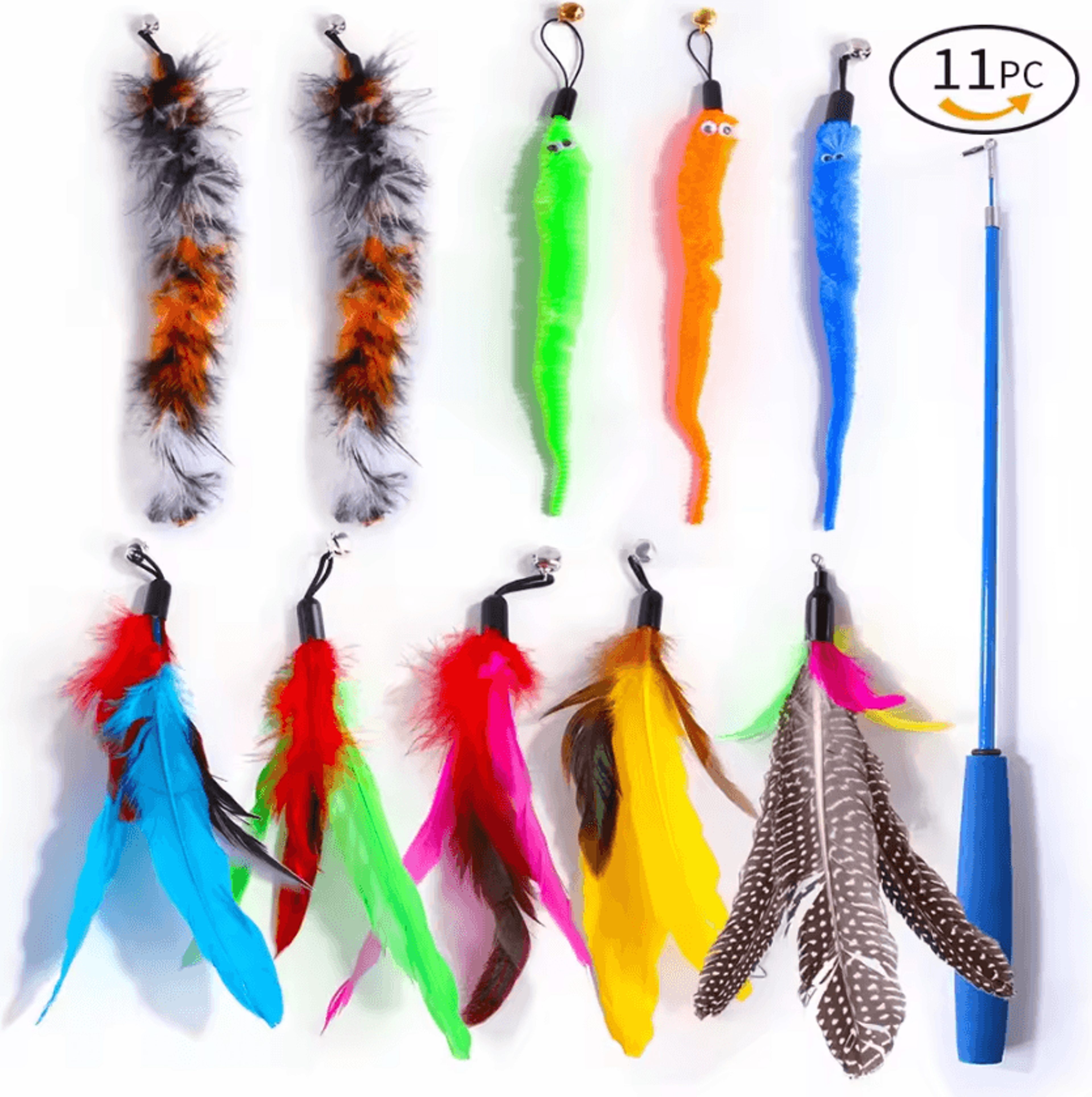 FlutterCatch Retractable Cat Wand Toy With Feather  Caterpillar Refill Set 4