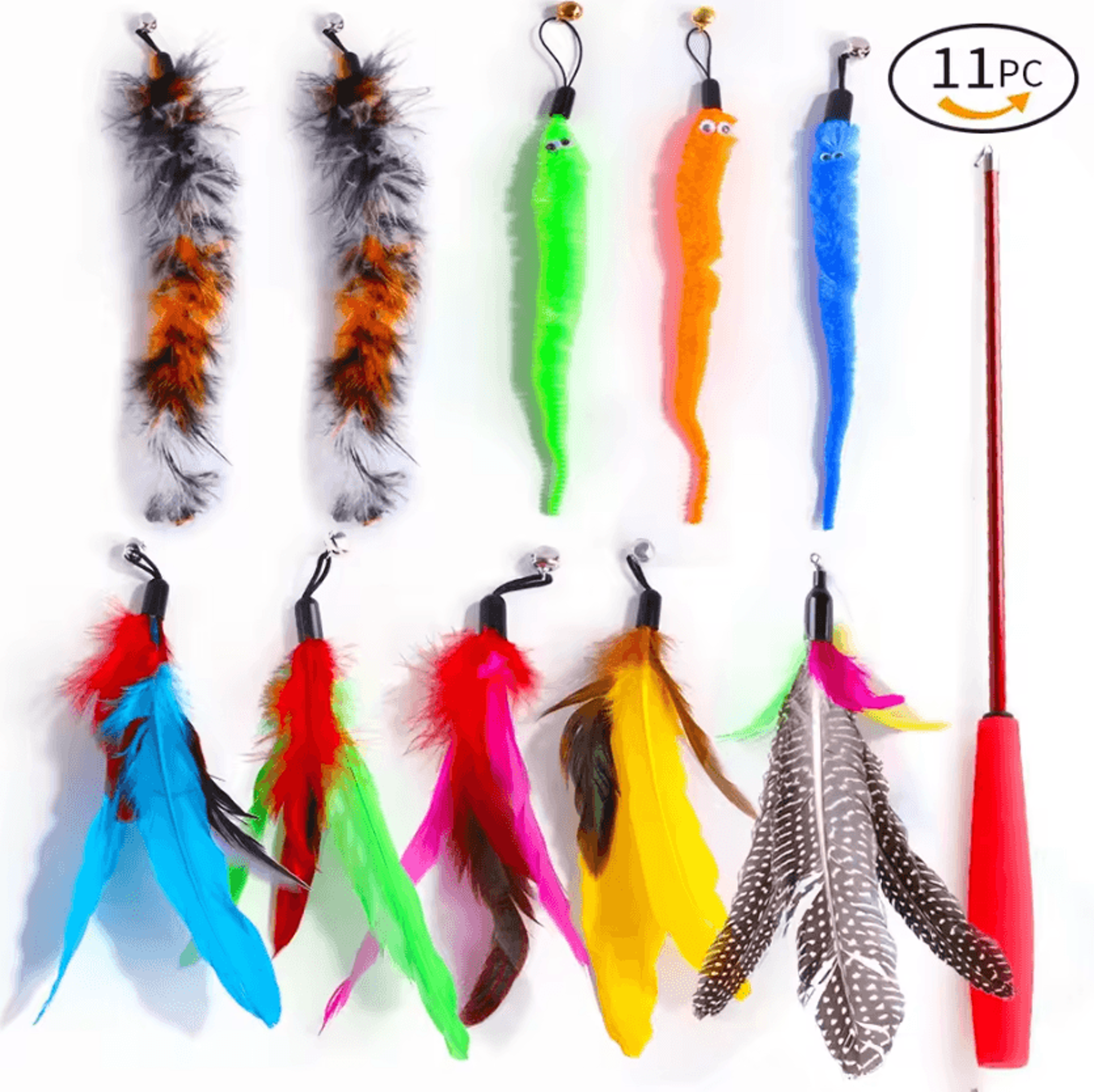 FlutterCatch Retractable Cat Wand Toy With Feather  Caterpillar Refill Set 5