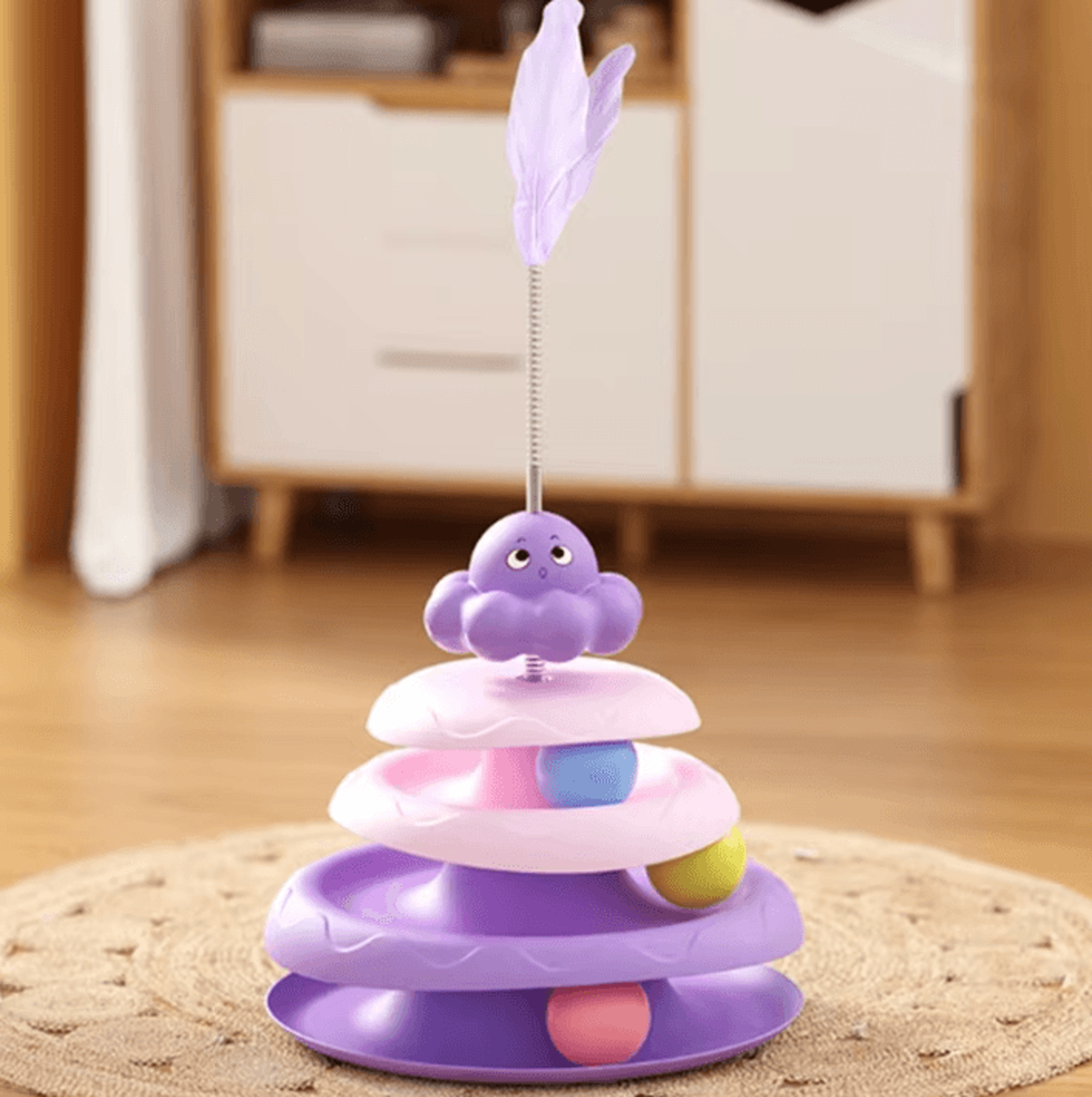 OctoSpin Interactive Cat Toy Tower  3Layer Ball Track Puzzle With Teaser Wand 4