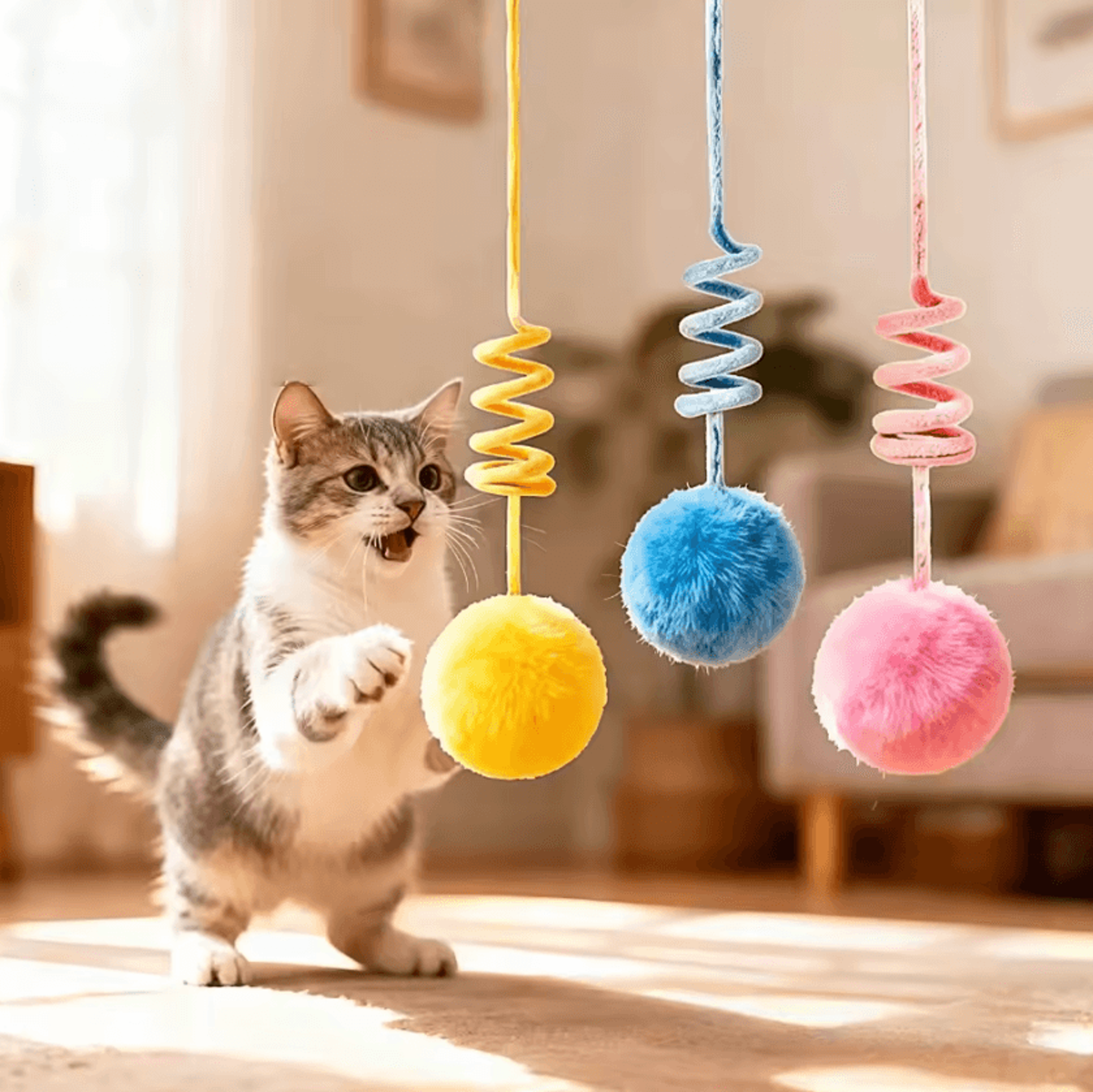 Suction Cup Bunny Fur Ball Cat Toy  Interactive Spring Teaser For SelfPlay Fun 0