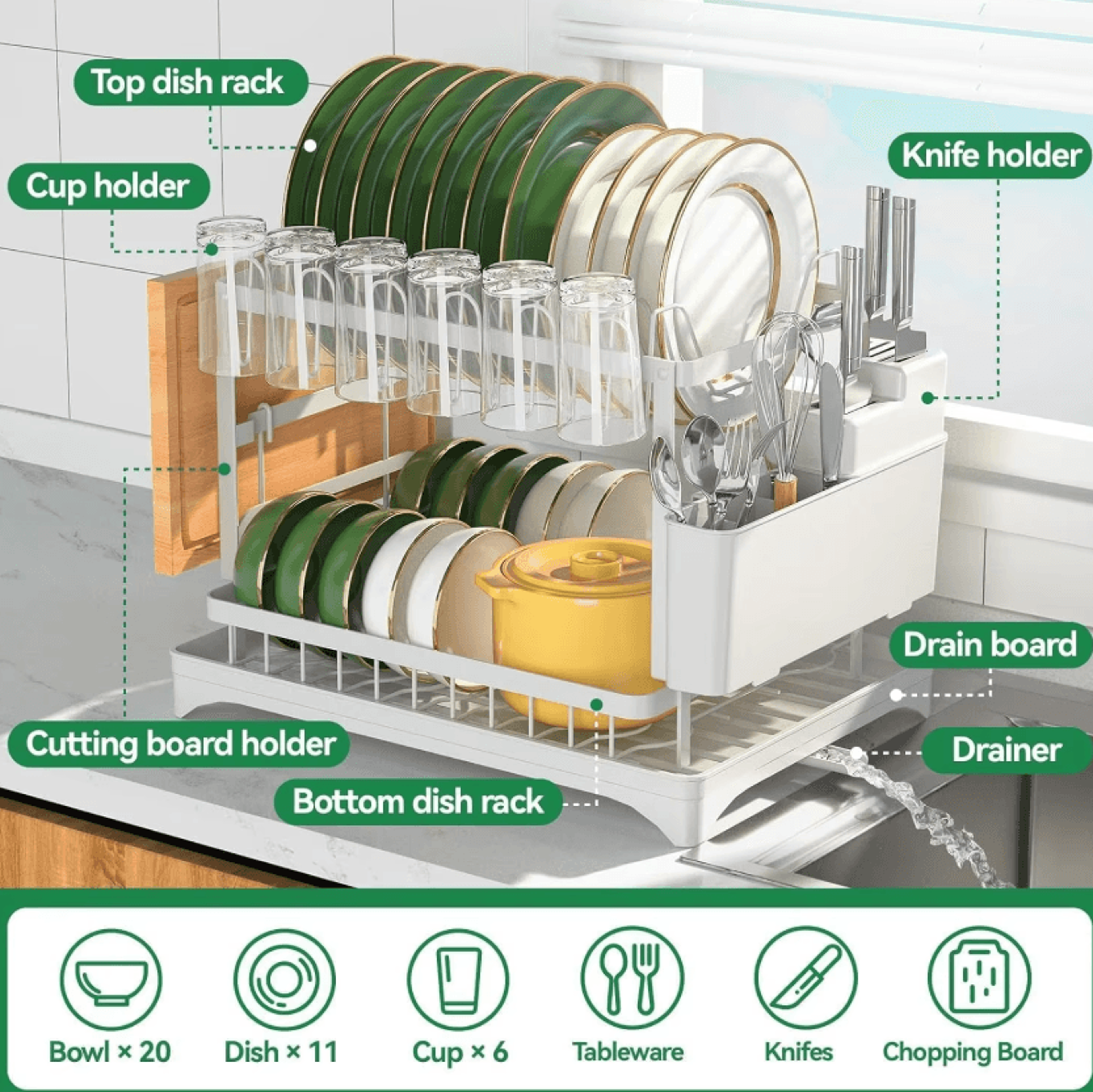 2Tier Dish Drying Rack With Drainboard For Kitchen Countertops 1