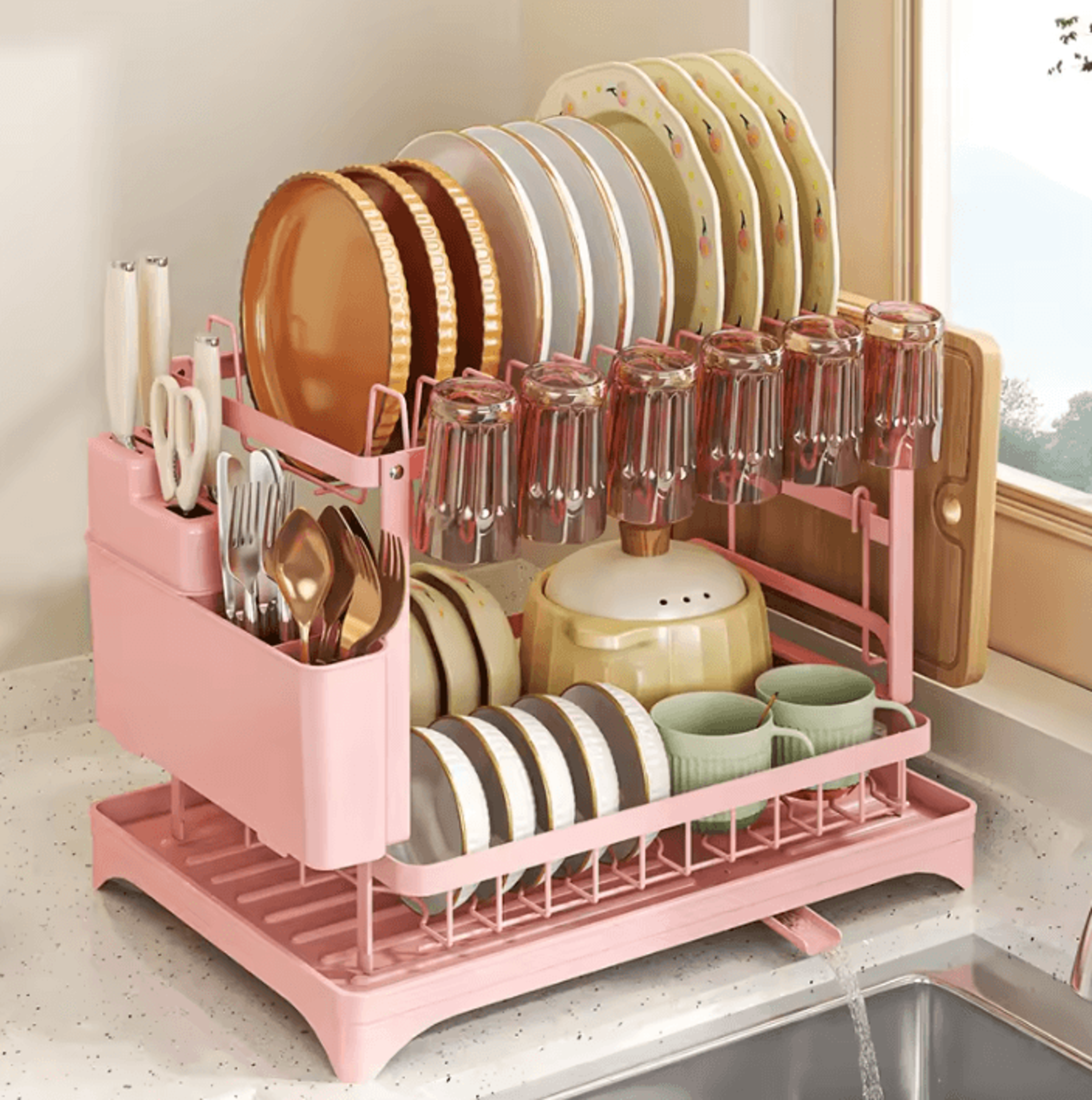 2Tier Dish Drying Rack With Drainboard For Kitchen Countertops 2
