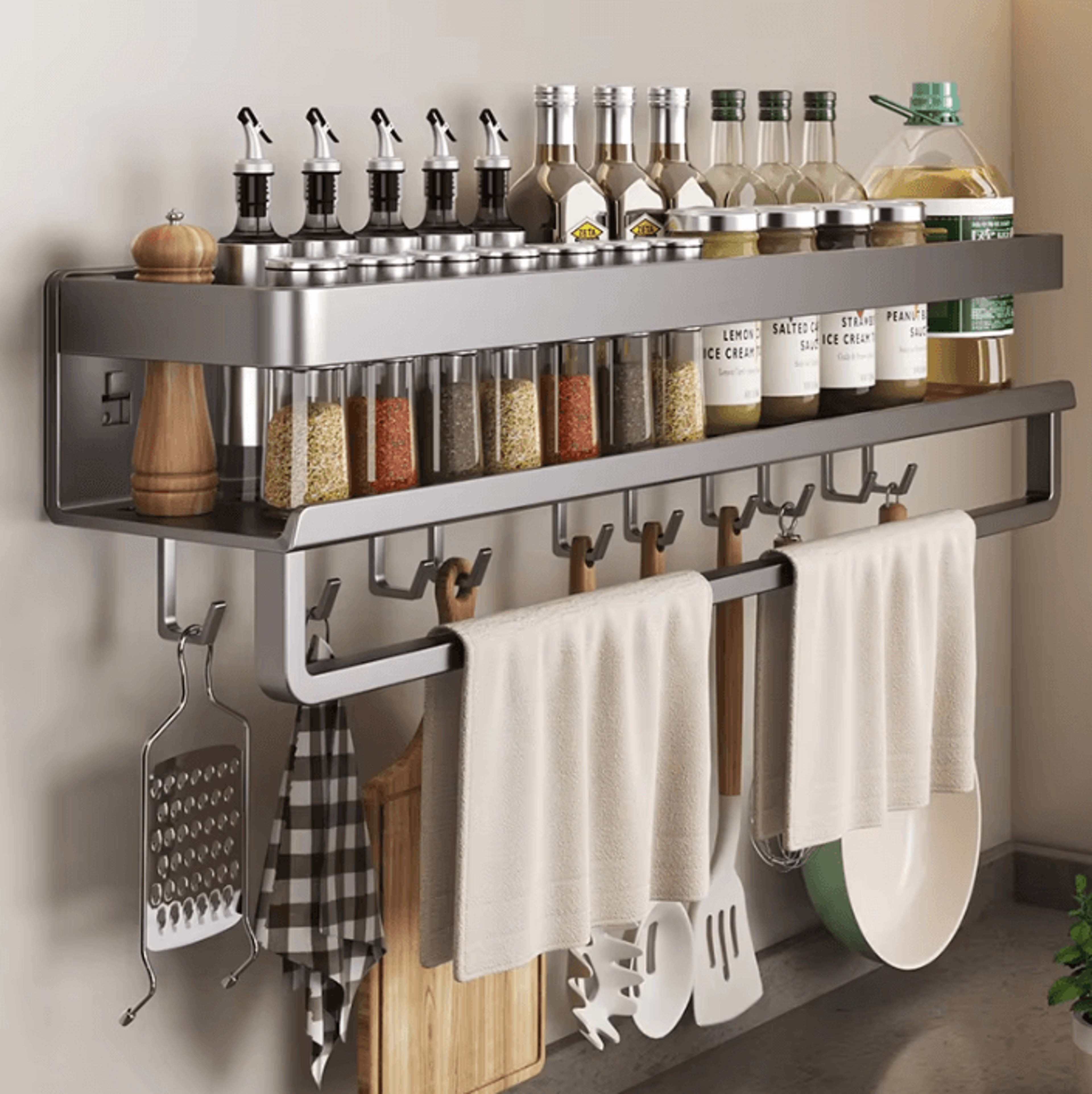 WallMounted Aluminum Spice Rack Shelf  NoDrill Kitchen Storage Organizer 0